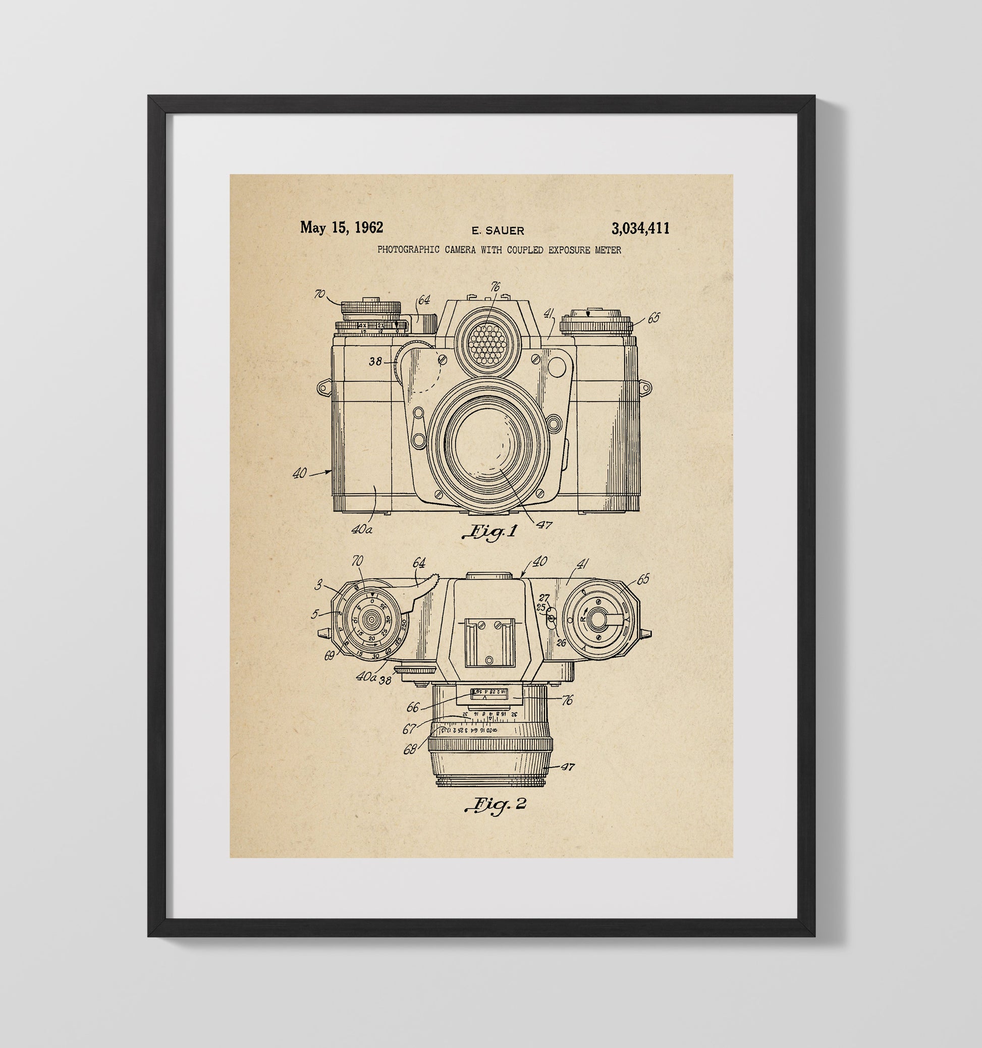 Patent Print - Photographic Camera With Coupled Exposure Meter - E. Sauer - 1962 - Patent 3034411 Patent Wall Art