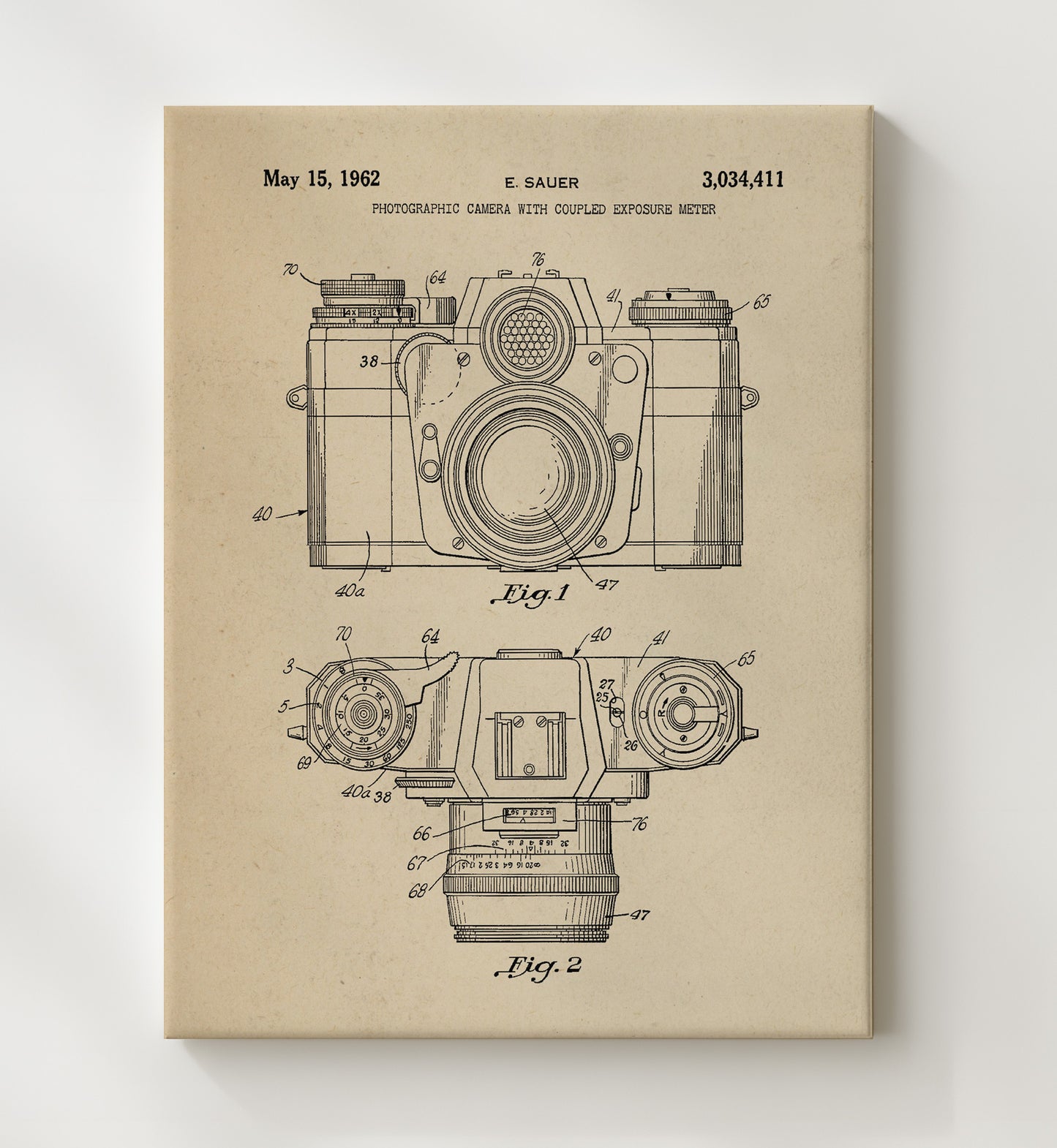 Patent Print - Photographic Camera With Coupled Exposure Meter - E. Sauer - 1962 - Patent 3034411 Patent Wall Art