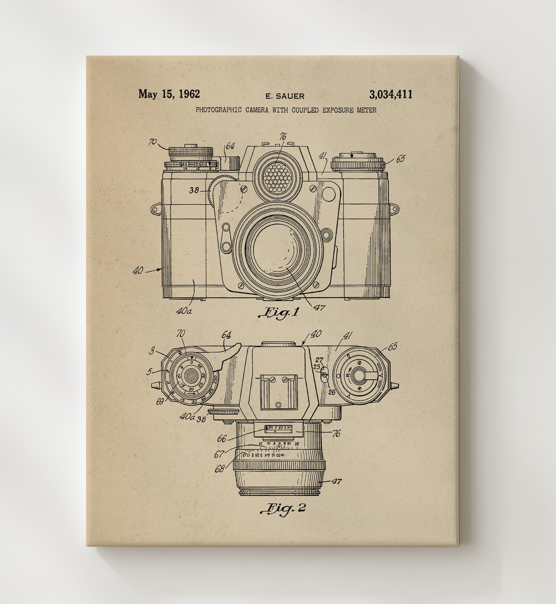 Patent Print - Photographic Camera With Coupled Exposure Meter - E. Sauer - 1962 - Patent 3034411 Patent Wall Art