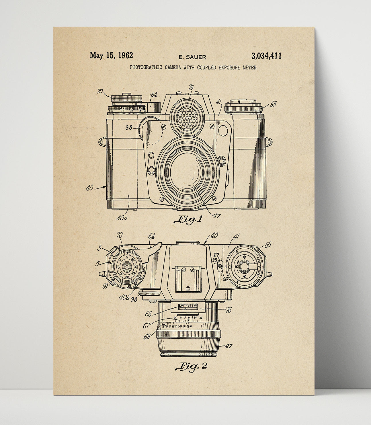 Patent Print - Photographic Camera With Coupled Exposure Meter - E. Sauer - 1962 - Patent 3034411 Patent Wall Art