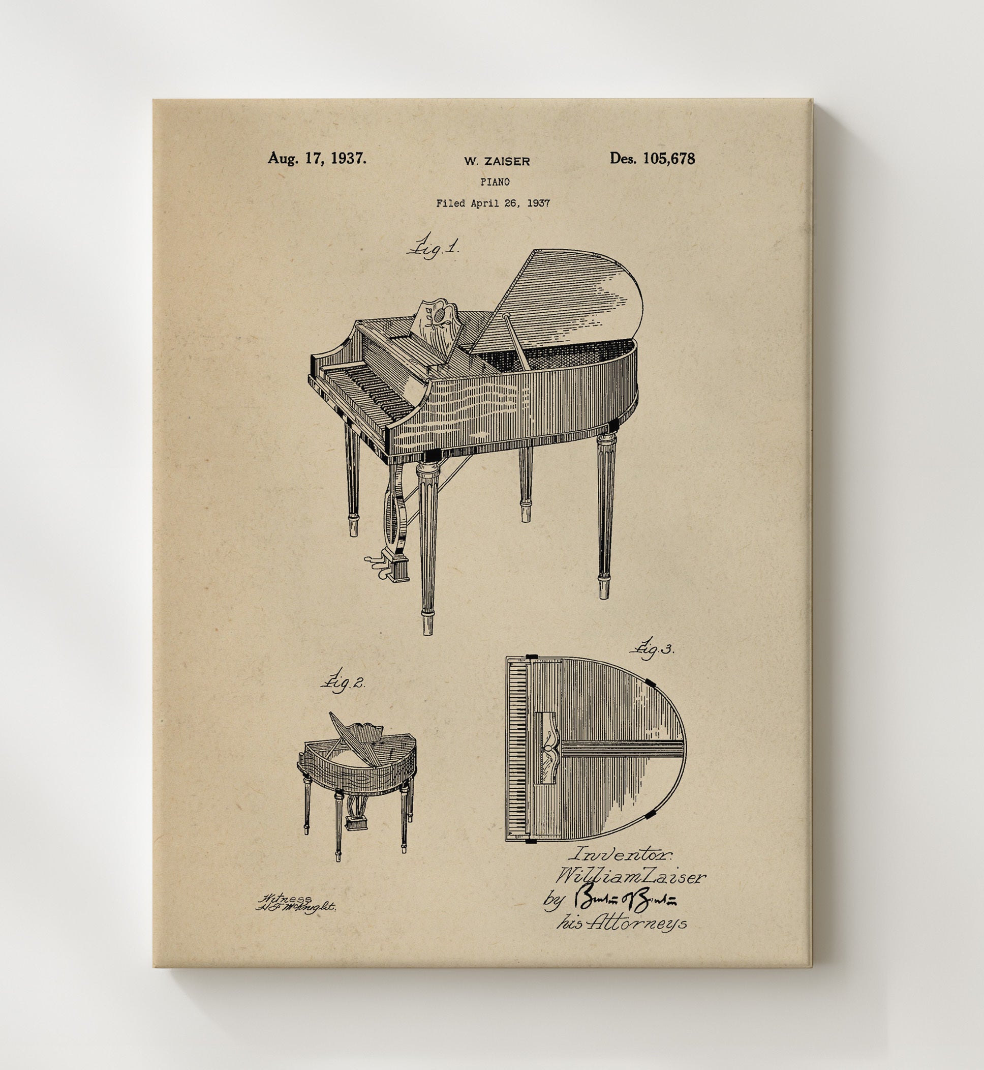 Patent Print - Piano - William Zaiser - 1937 - Patent 105678 Patent Wall Art
