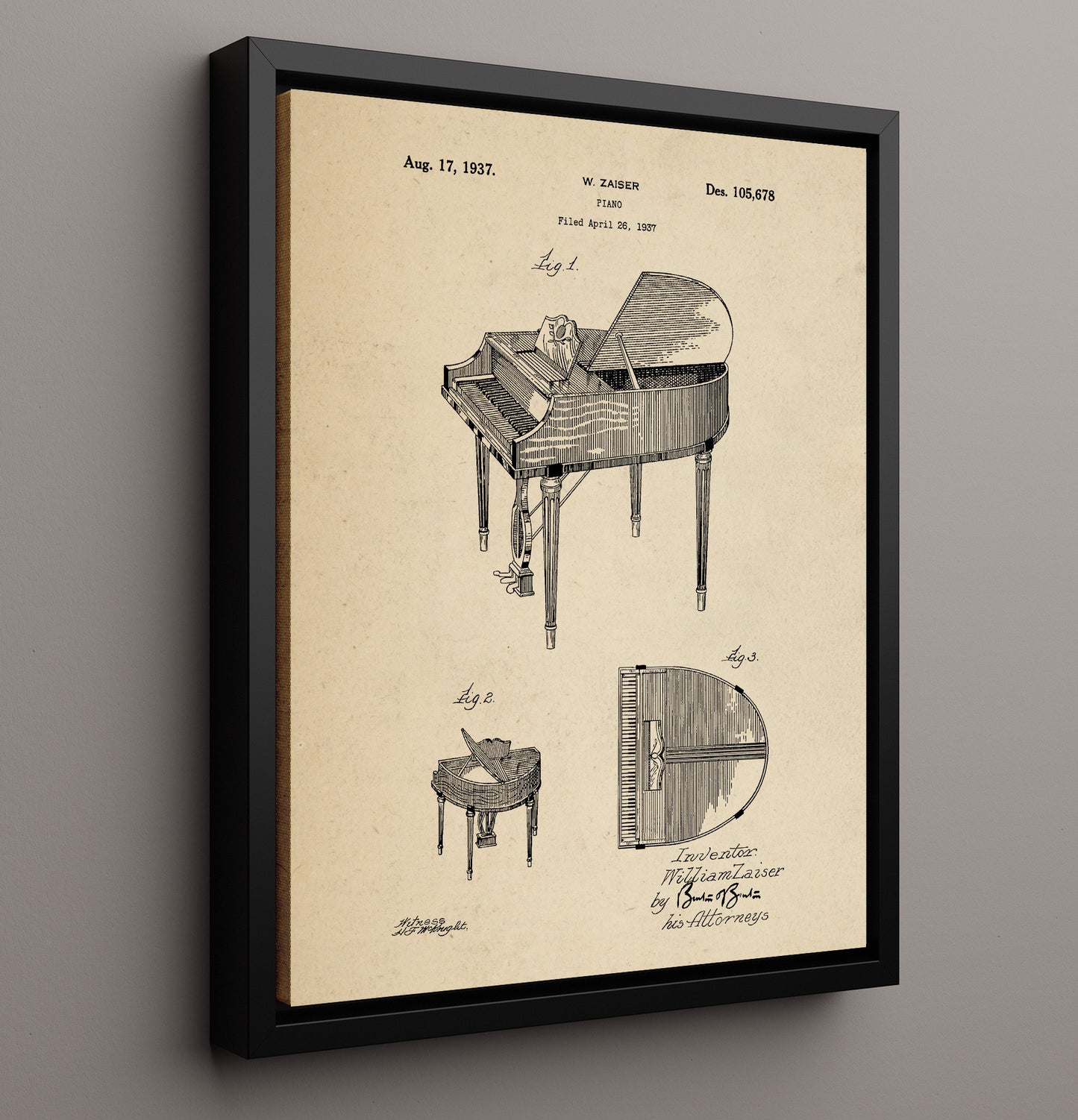 Patent Print - Piano - William Zaiser - 1937 - Patent 105678 Patent Wall Art