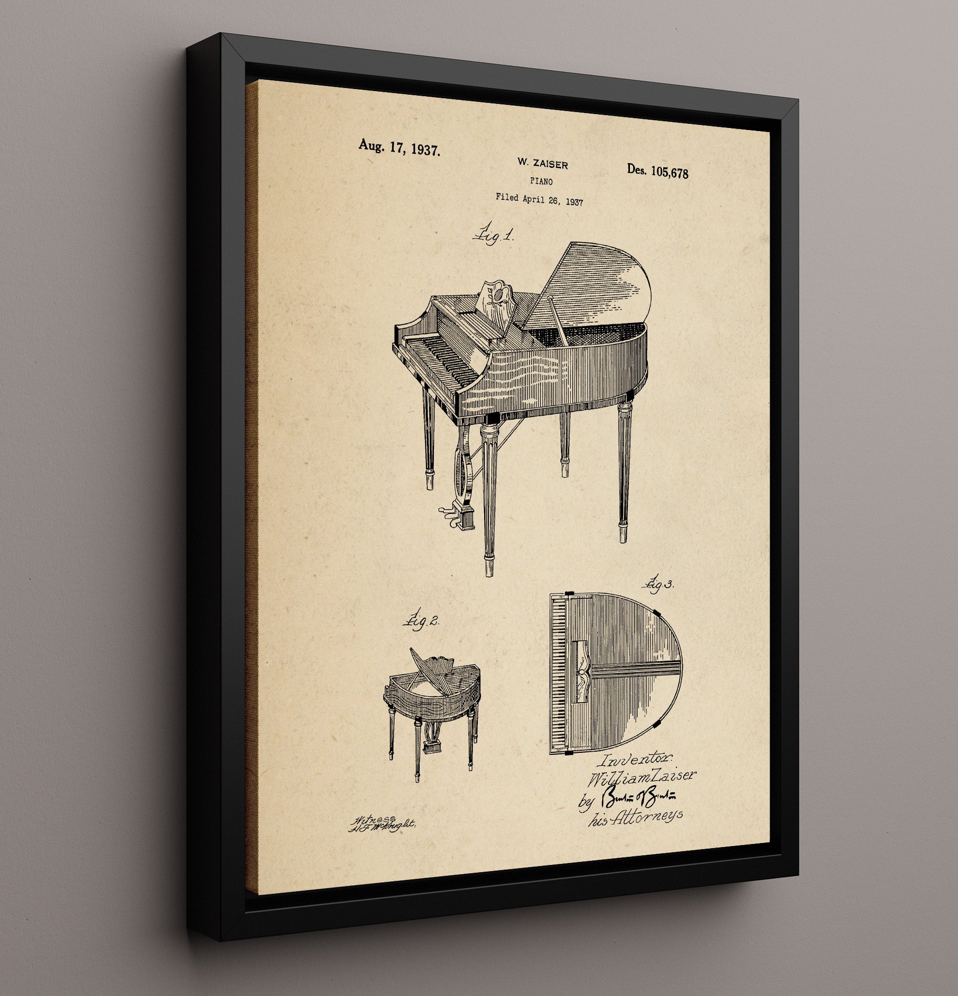 Patent Print - Piano - William Zaiser - 1937 - Patent 105678 Patent Wall Art
