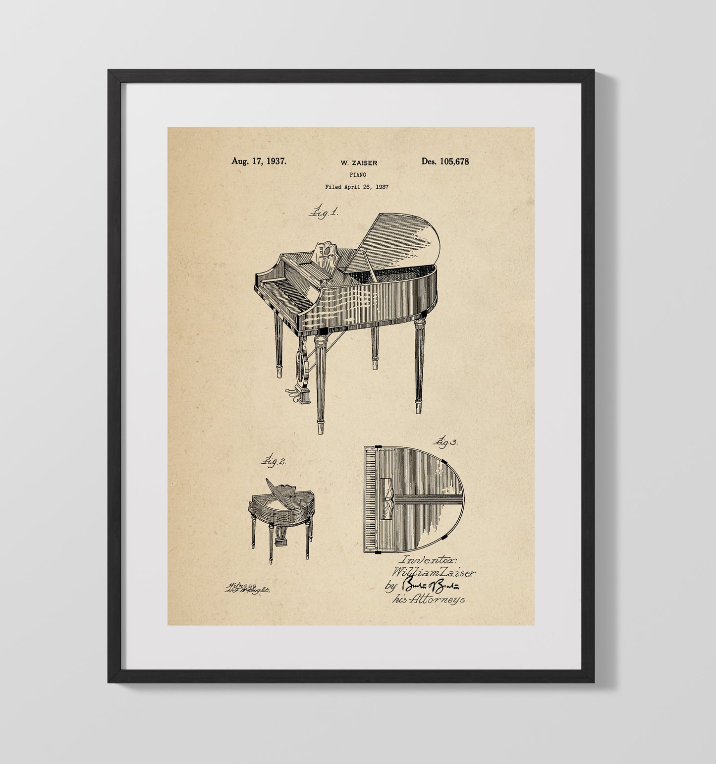 Patent Print - Piano - William Zaiser - 1937 - Patent 105678 Patent Wall Art
