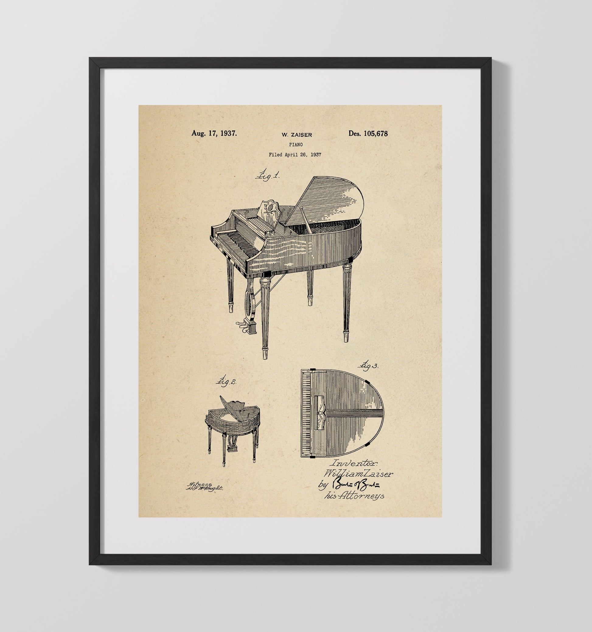 Patent Print - Piano - William Zaiser - 1937 - Patent 105678 Patent Wall Art