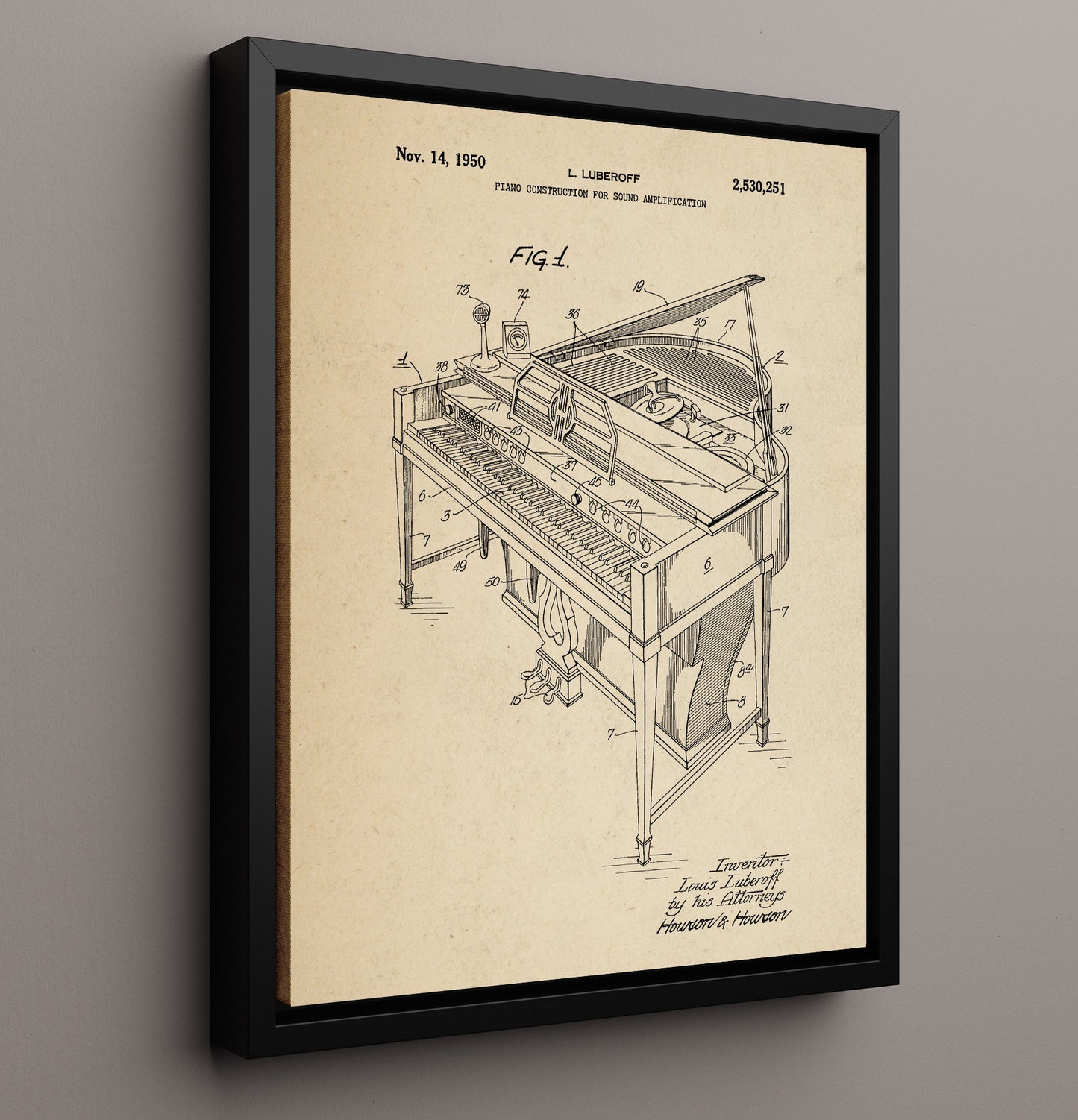Patent Print - Piano Construction For Sound Amplification - Louis Luberoff - 1950 - Patent 2530251 Patent Wall Art