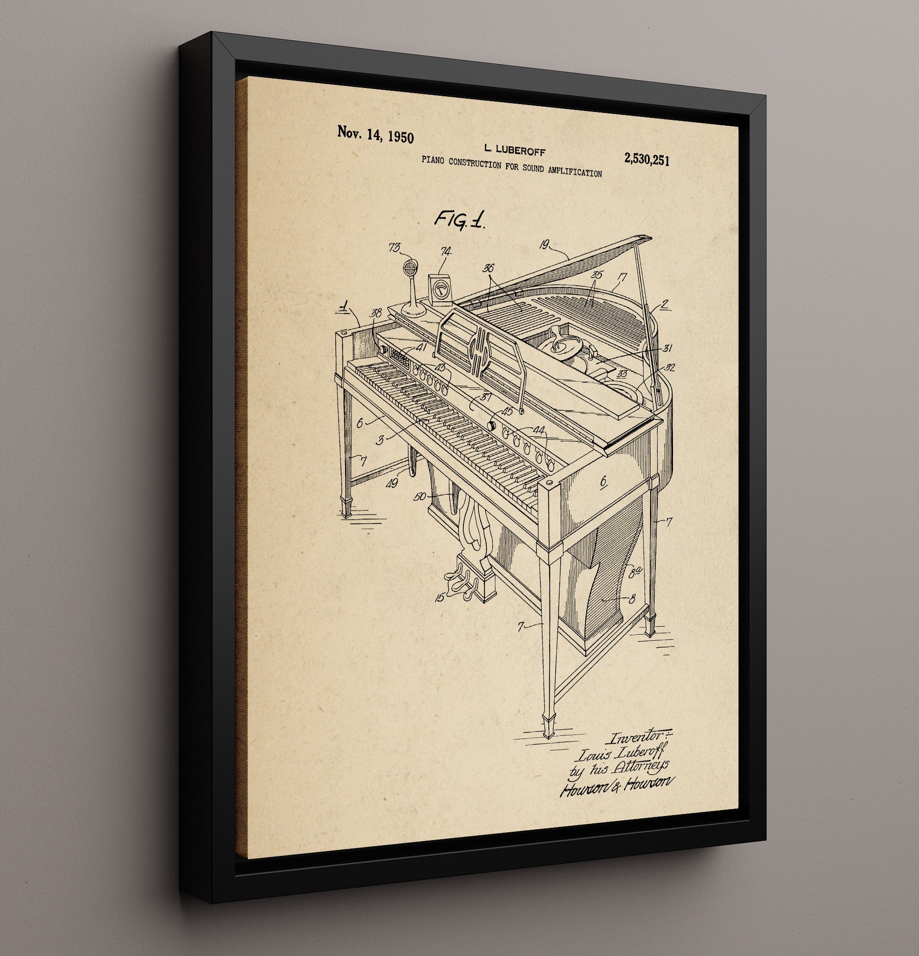 Patent Print - Piano Construction For Sound Amplification - Louis Luberoff - 1950 - Patent 2530251 Patent Wall Art