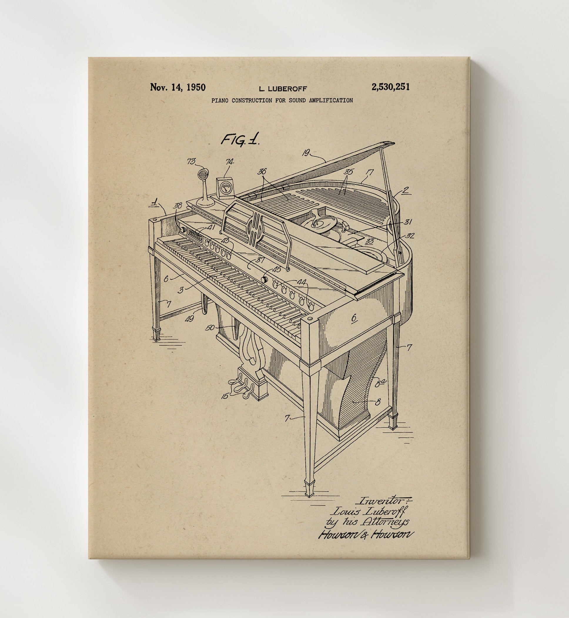 Patent Print - Piano Construction For Sound Amplification - Louis Luberoff - 1950 - Patent 2530251 Patent Wall Art