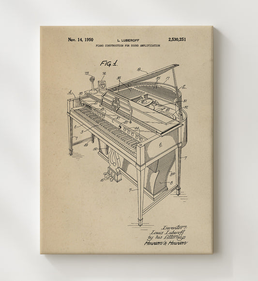 Piano Construction For Sound Amplification 1950 patent print wall art 8x10 Canvas
