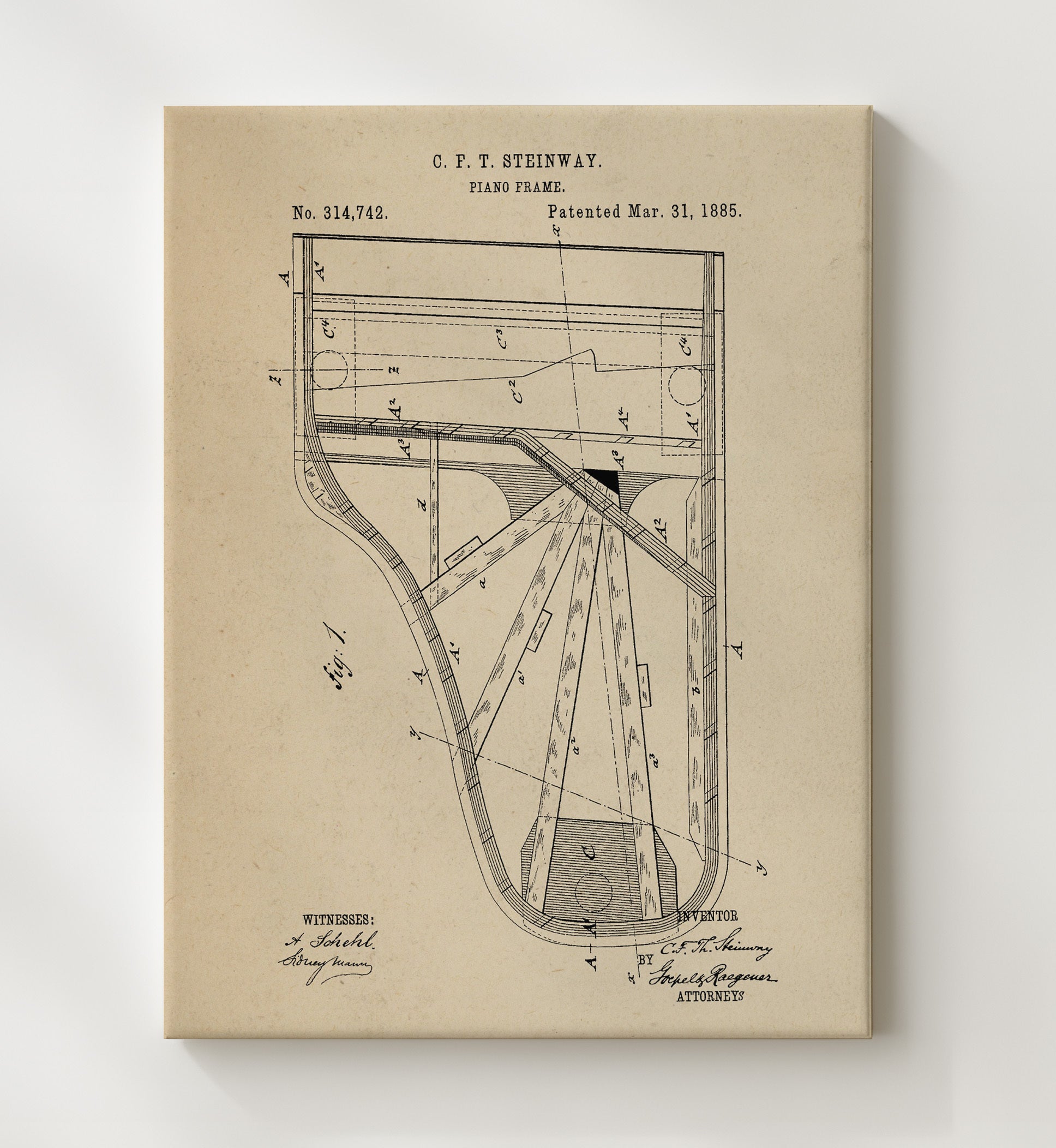 Patent Print - Piano Frame - C. F. T. Steinway - 1885 - Patent 314742 Patent Wall Art