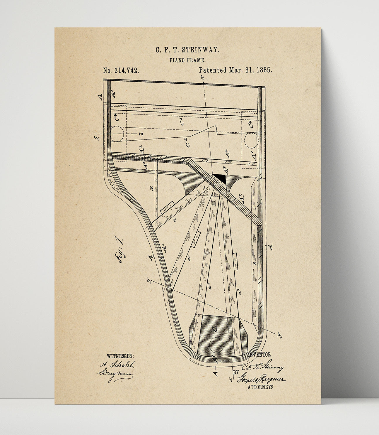 Patent Print - Piano Frame - C. F. T. Steinway - 1885 - Patent 314742 Patent Wall Art