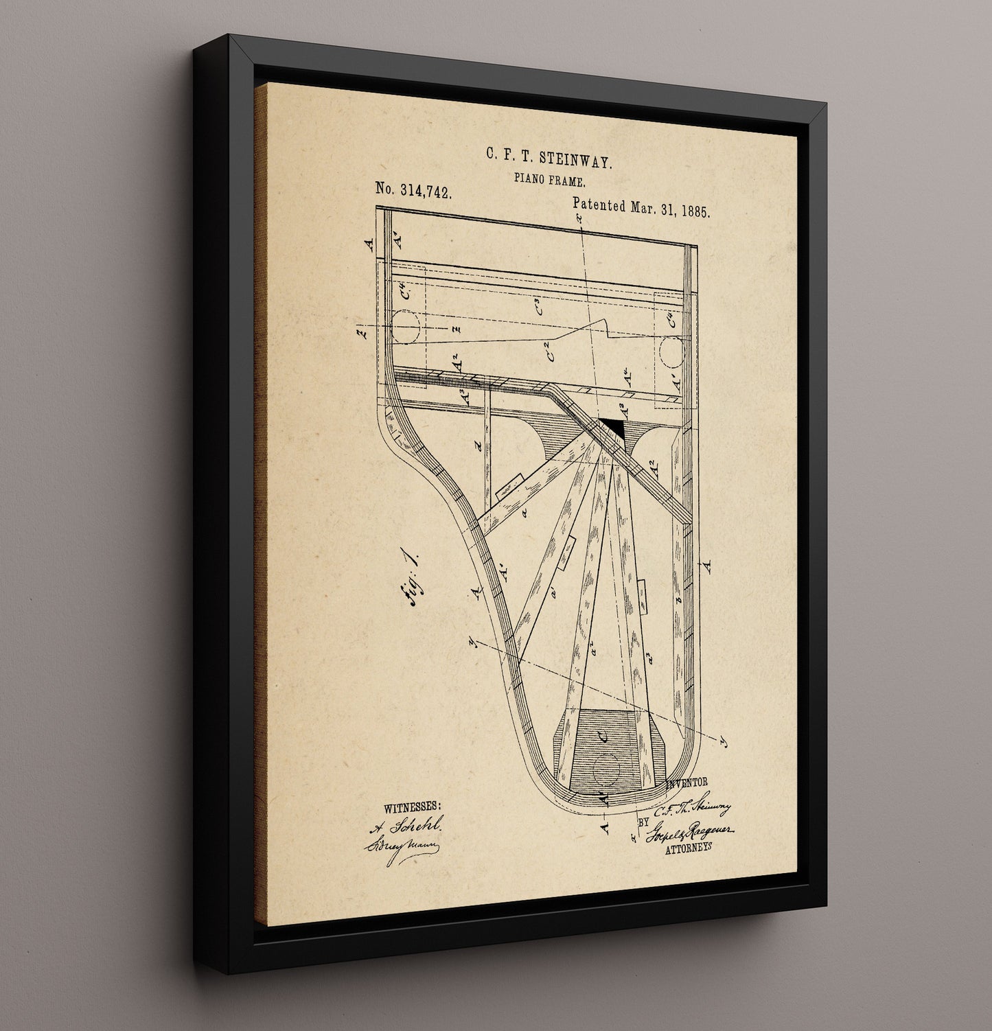 Patent Print - Piano Frame - C. F. T. Steinway - 1885 - Patent 314742 Patent Wall Art