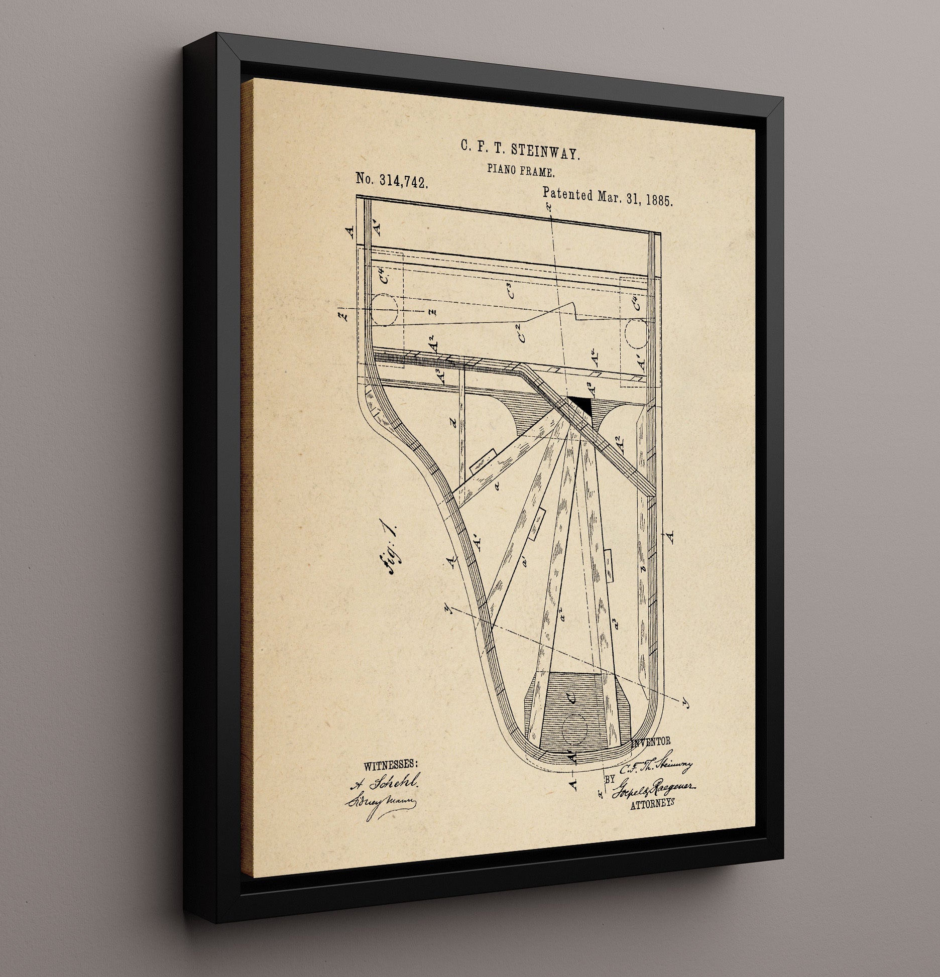Patent Print - Piano Frame - C. F. T. Steinway - 1885 - Patent 314742 Patent Wall Art