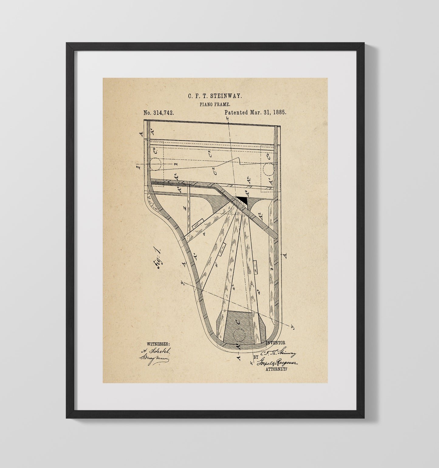 Patent Print - Piano Frame - C. F. T. Steinway - 1885 - Patent 314742 Patent Wall Art