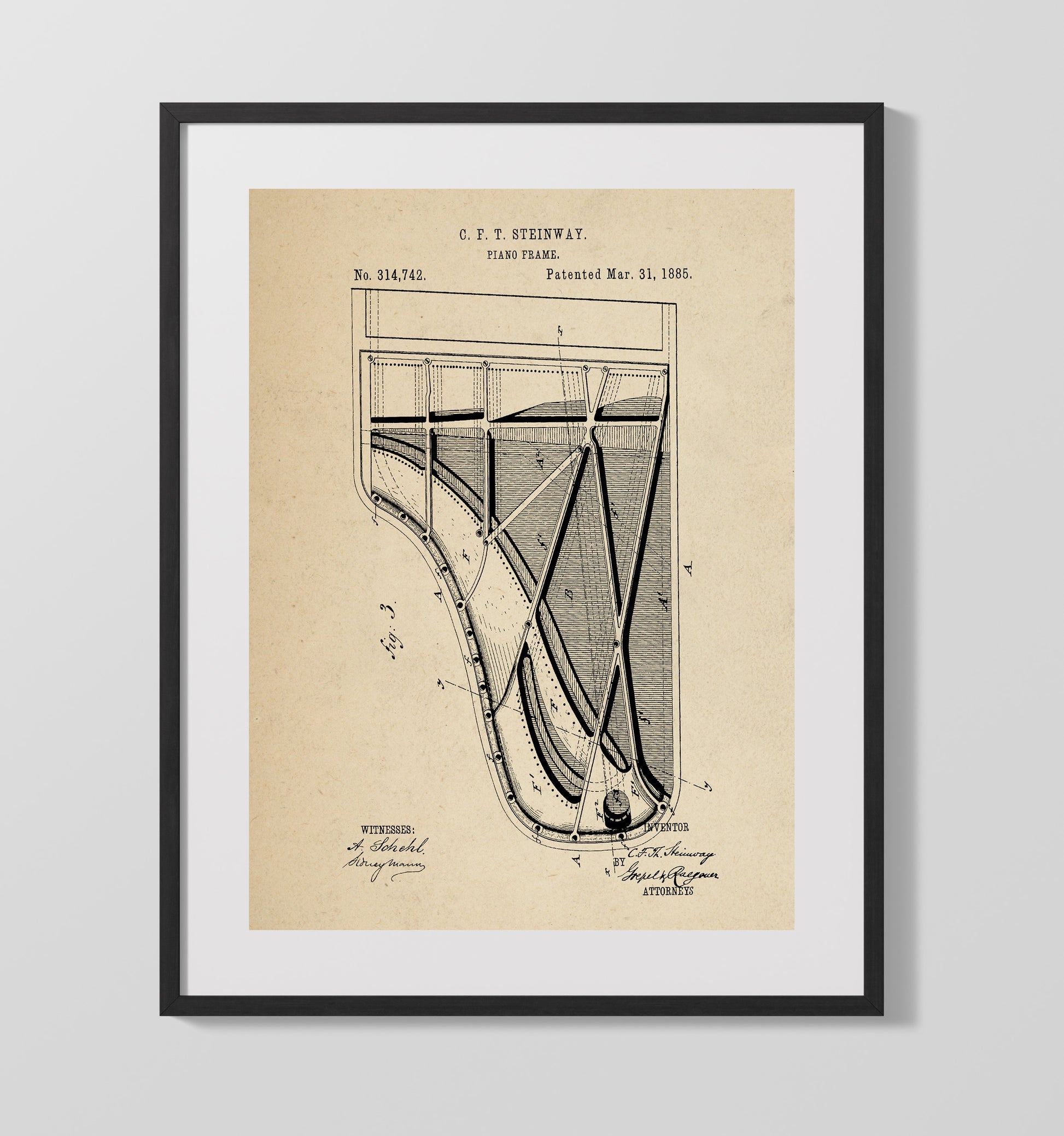 Patent Print - Piano Frame Alternate View - C. F. T. Steinway - 1885 - Patent 314742 Patent Wall Art