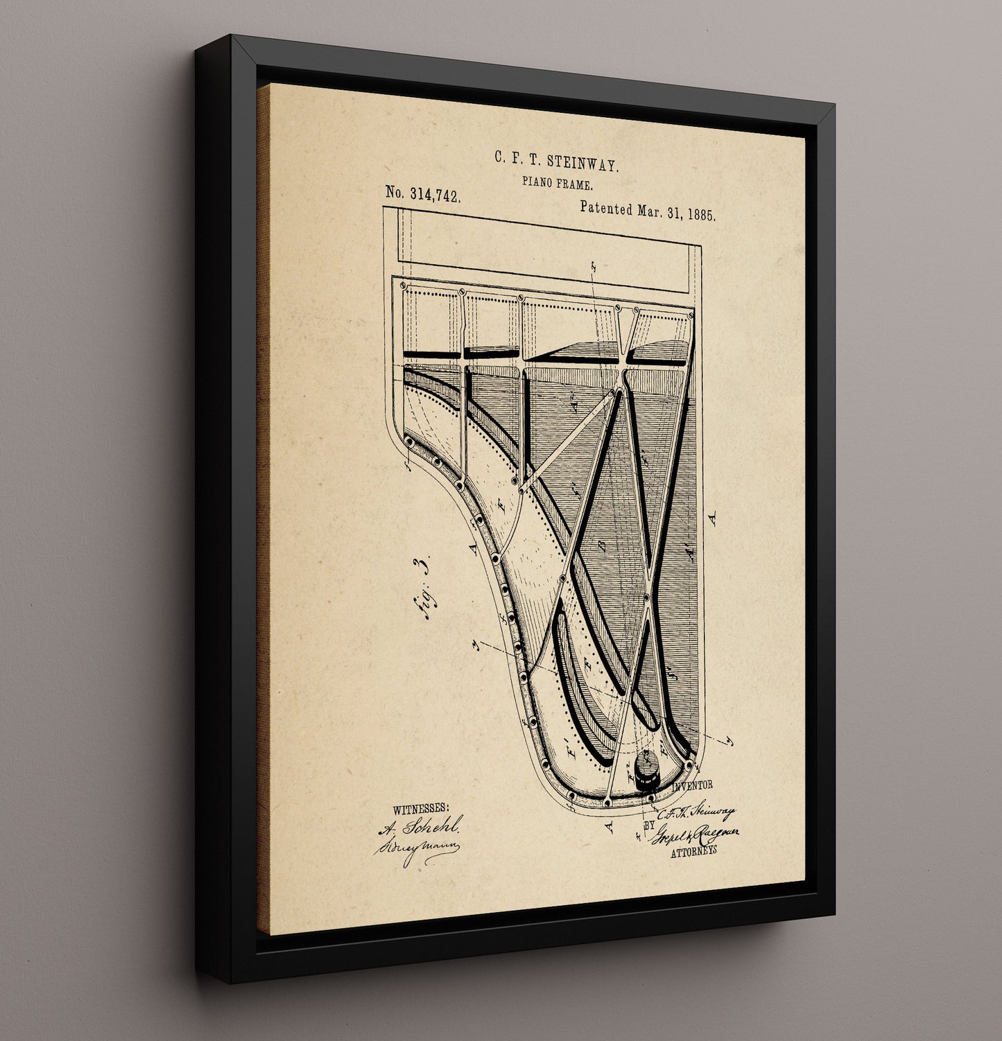 Patent Print - Piano Frame Alternate View - C. F. T. Steinway - 1885 - Patent 314742 Patent Wall Art