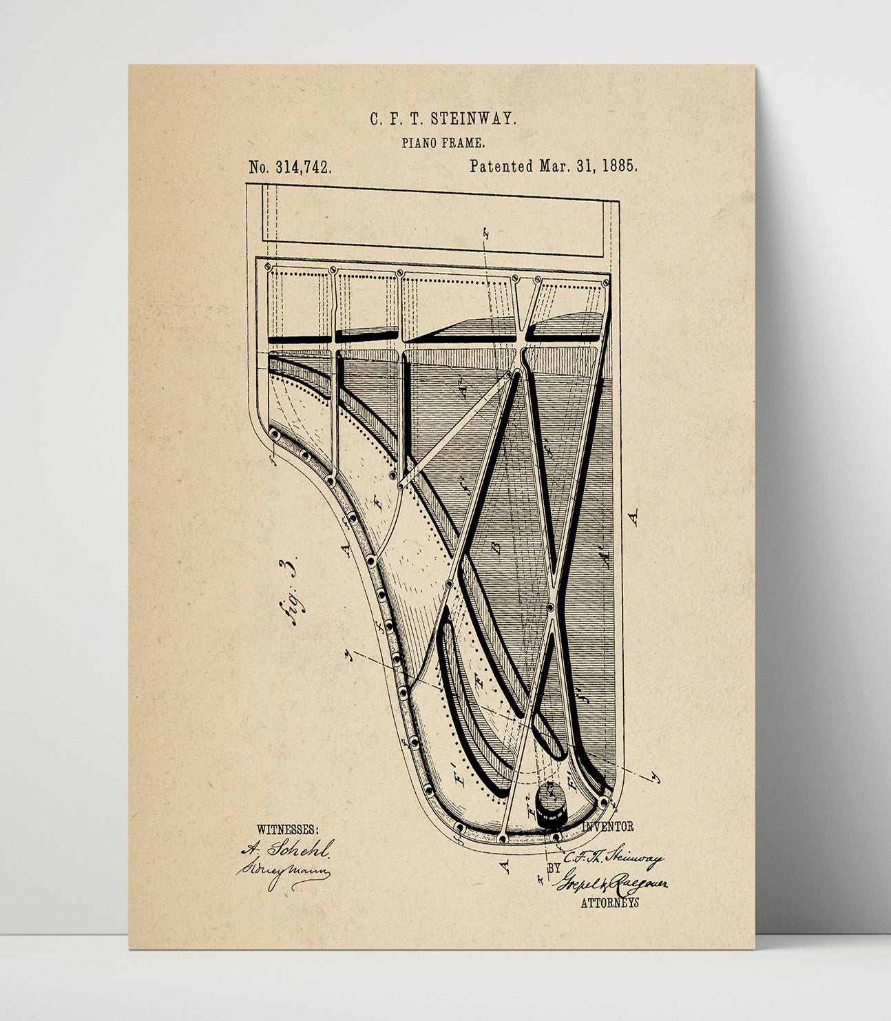 Patent Print - Piano Frame Alternate View - C. F. T. Steinway - 1885 - Patent 314742 Patent Wall Art