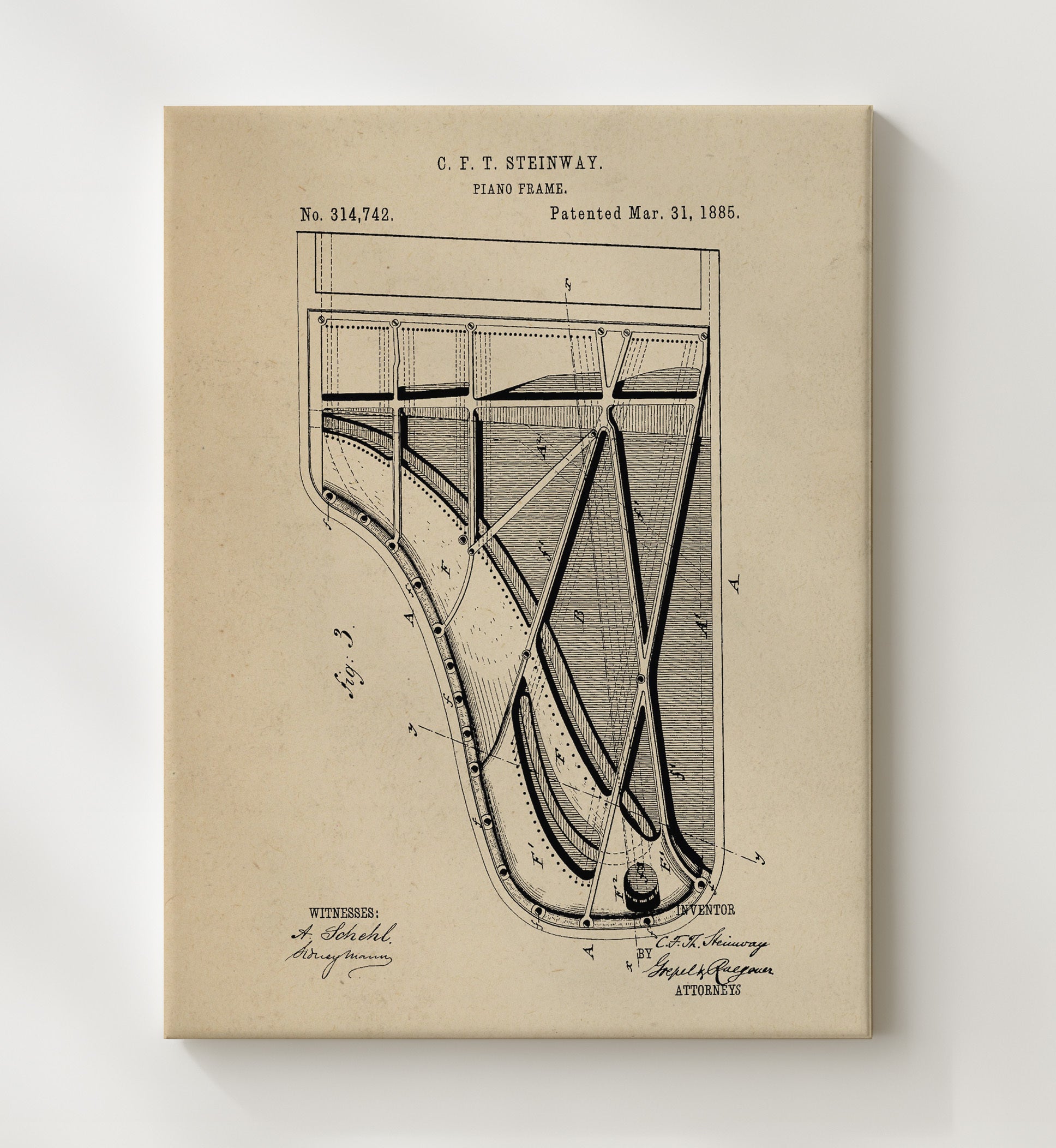 Patent Print - Piano Frame Alternate View - C. F. T. Steinway - 1885 - Patent 314742 Patent Wall Art
