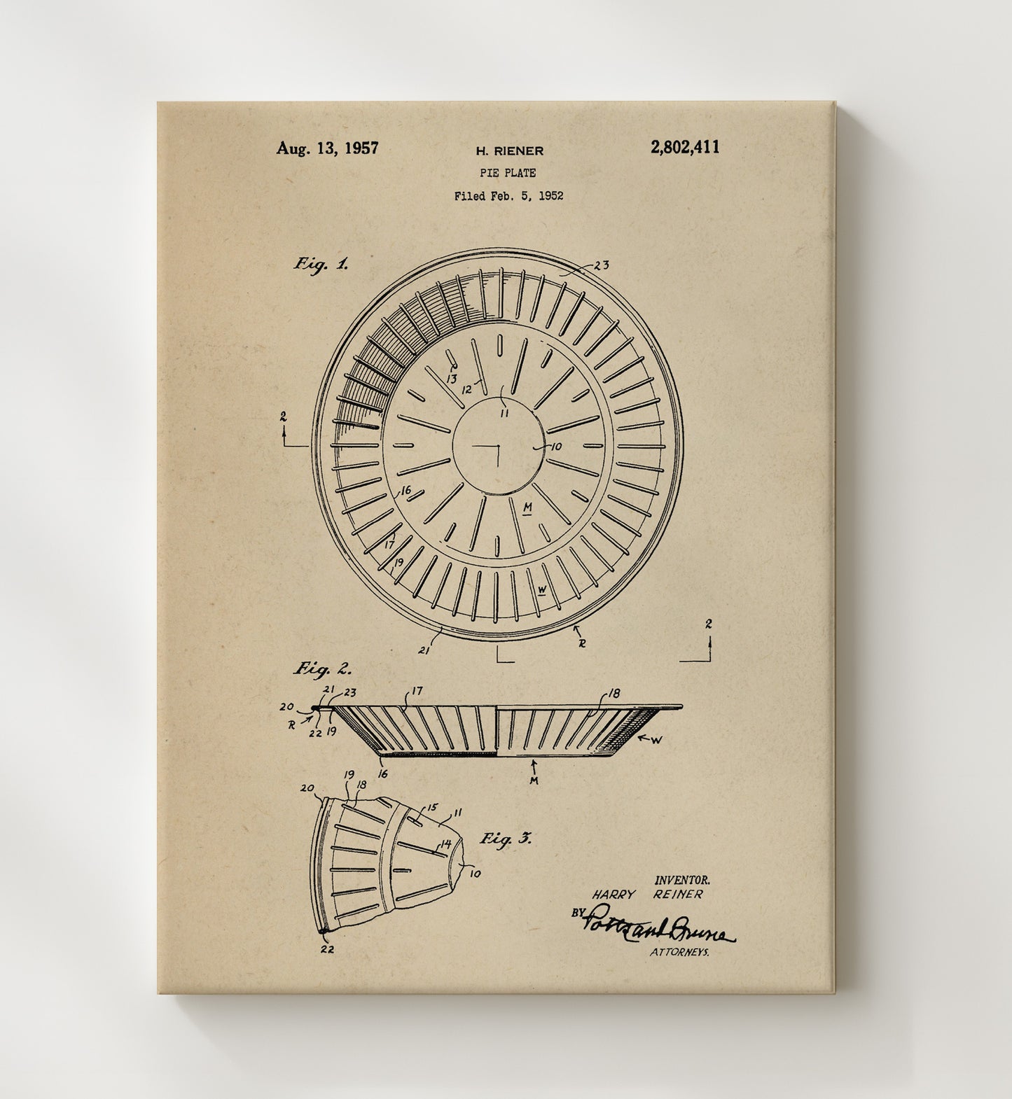 Patent Print - Pie Plate - Harry Riener - 1957 - Patent 2802411 Patent Wall Art