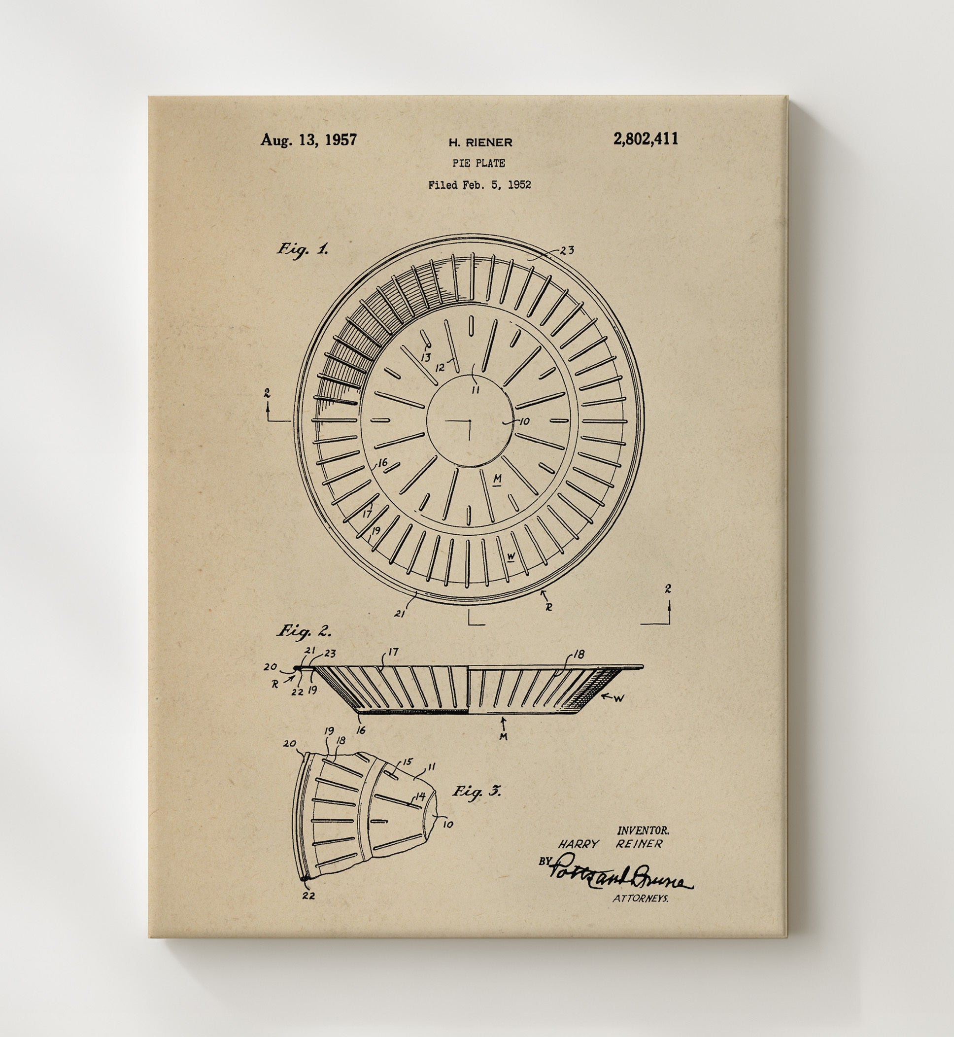 Patent Print - Pie Plate - Harry Riener - 1957 - Patent 2802411 Patent Wall Art
