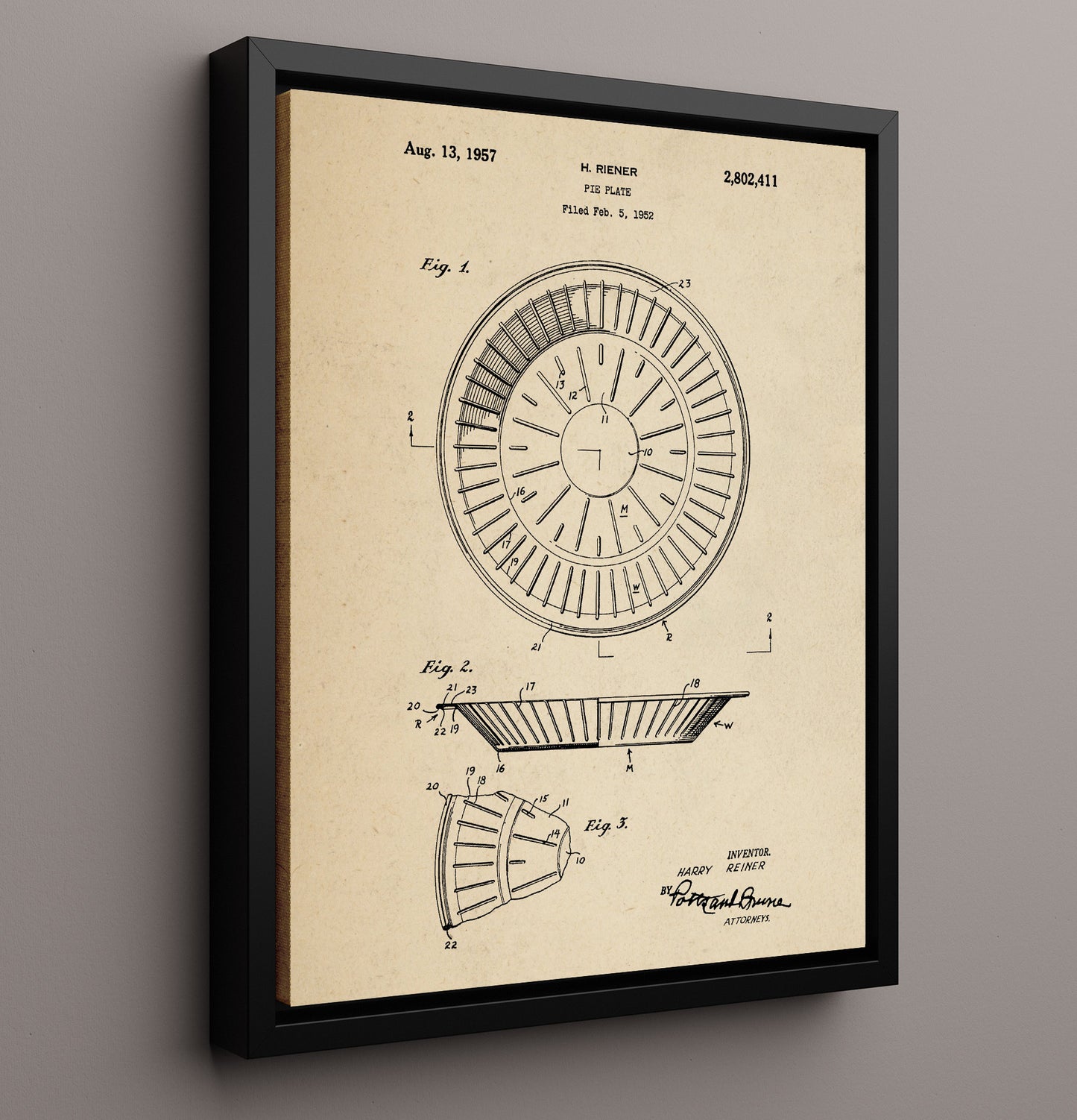 Patent Print - Pie Plate - Harry Riener - 1957 - Patent 2802411 Patent Wall Art