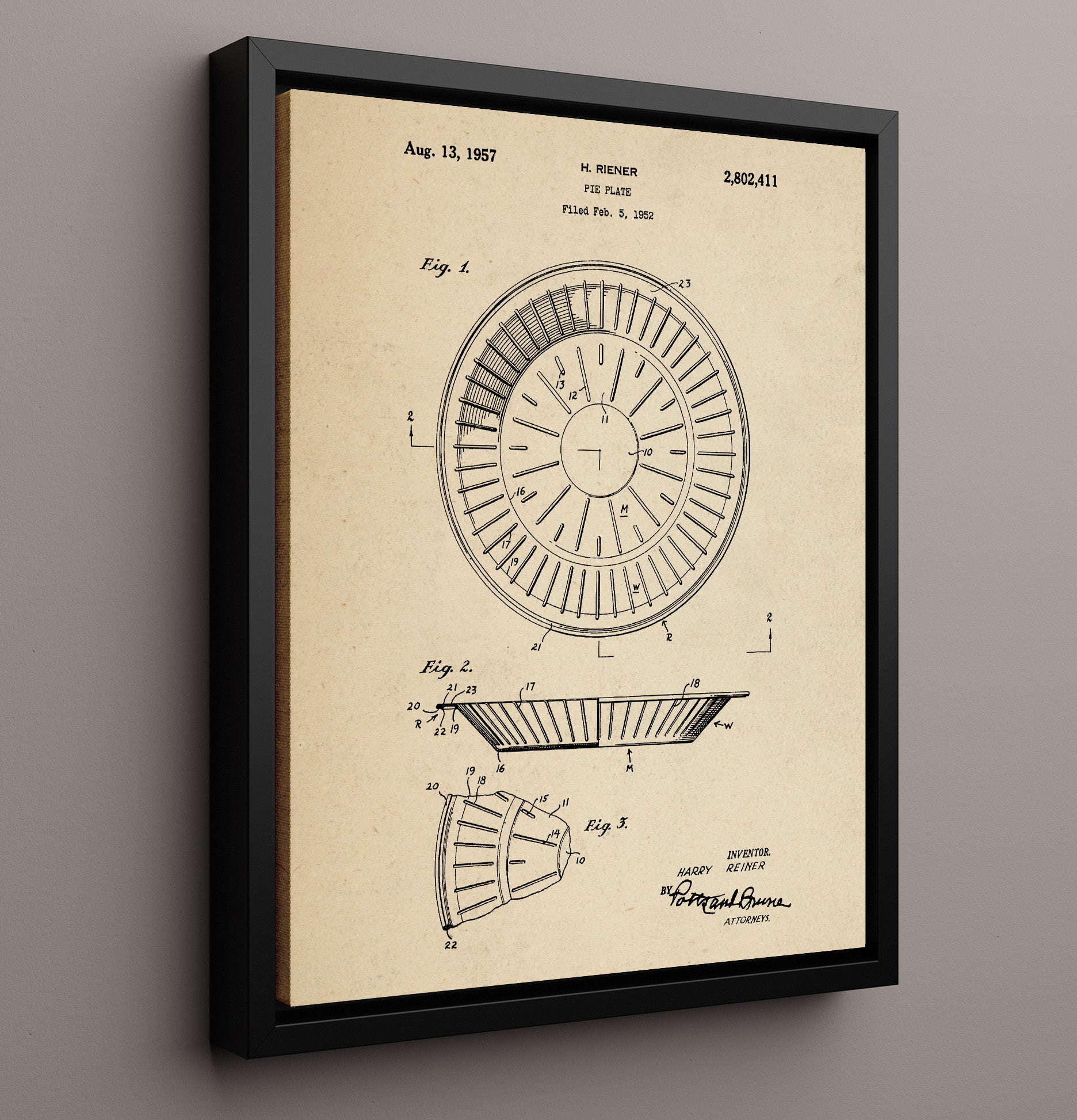 Patent Print - Pie Plate - Harry Riener - 1957 - Patent 2802411 Patent Wall Art