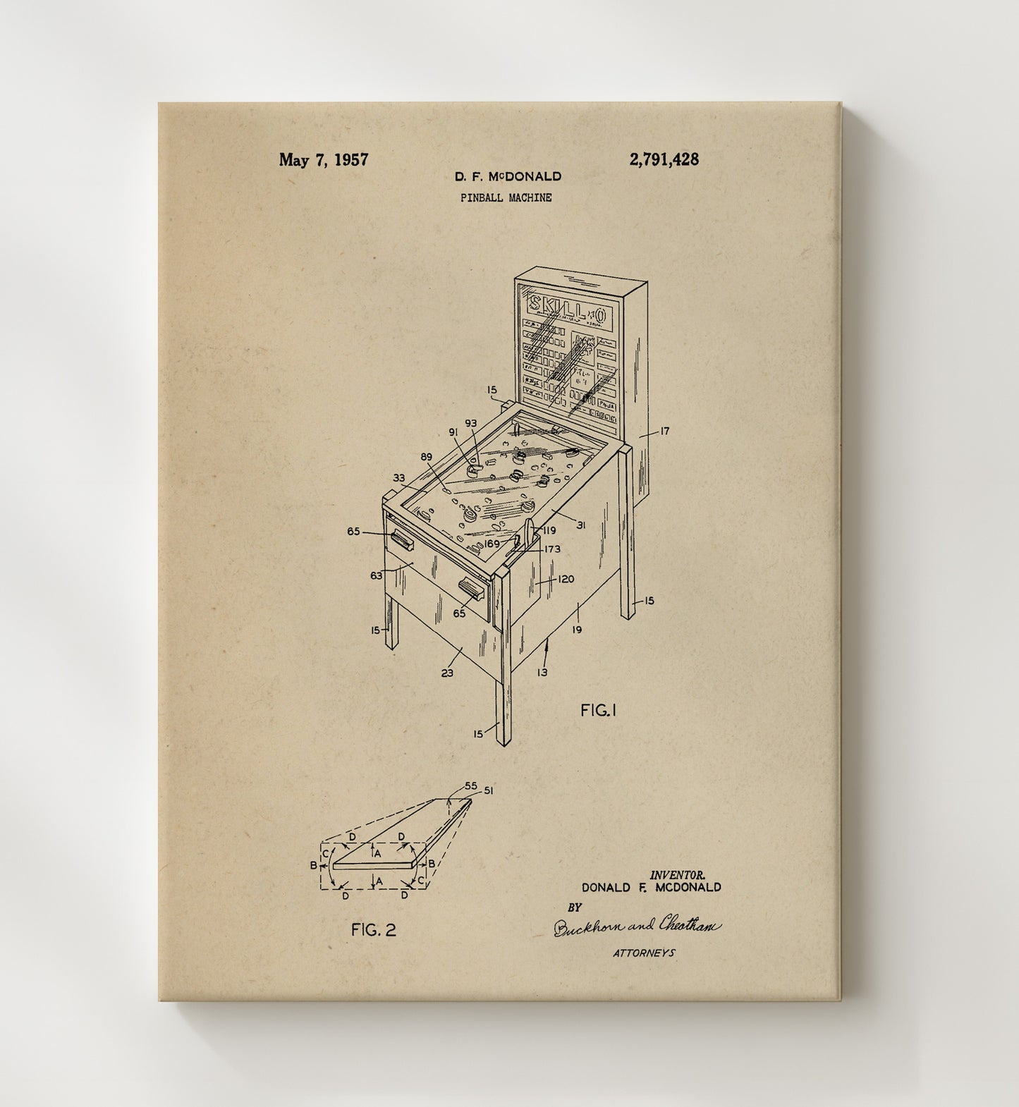 Patent Print - Pinball Machine - Donald F Mcdonald - 1957 - Patent 2791428 Patent Wall Art