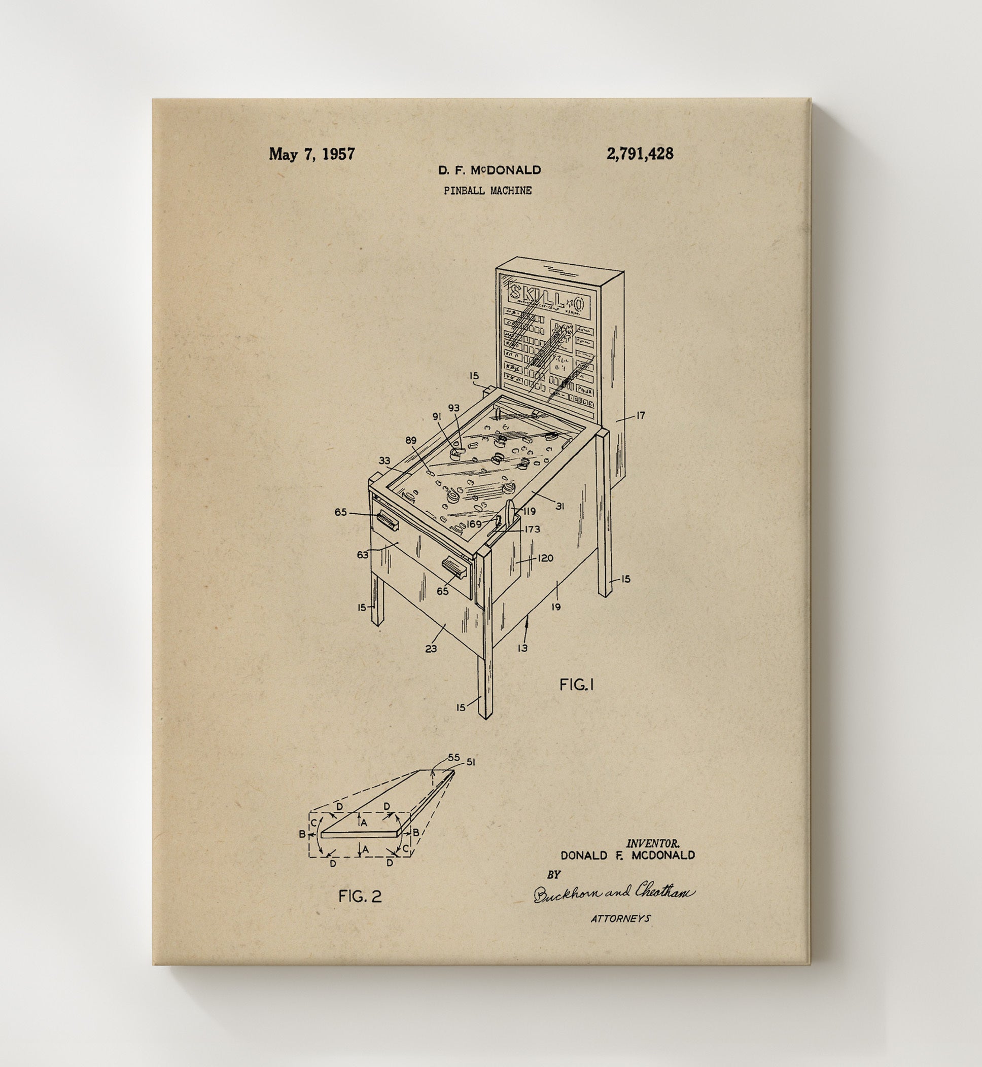 Patent Print - Pinball Machine - Donald F Mcdonald - 1957 - Patent 2791428 Patent Wall Art