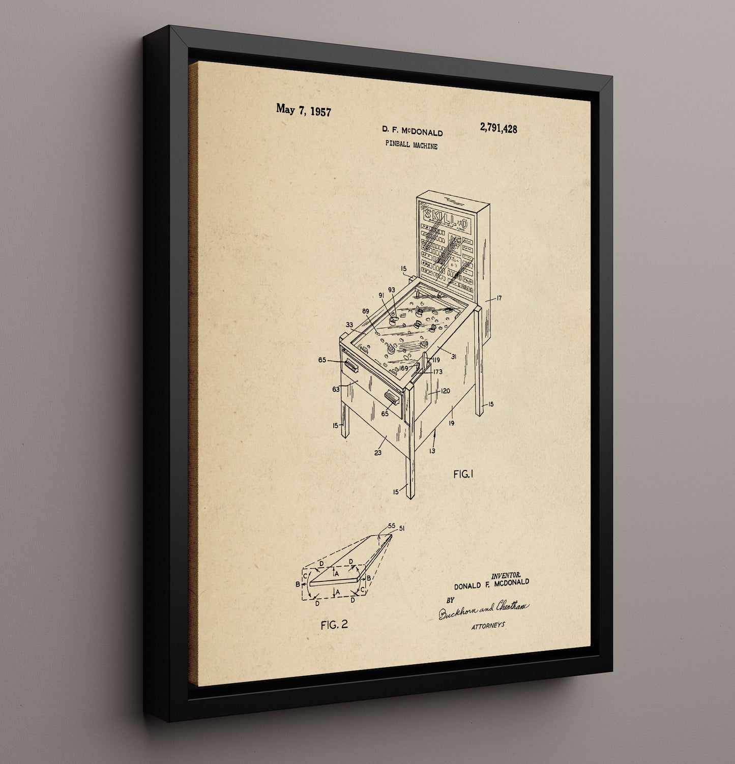 Patent Print - Pinball Machine - Donald F Mcdonald - 1957 - Patent 2791428 Patent Wall Art