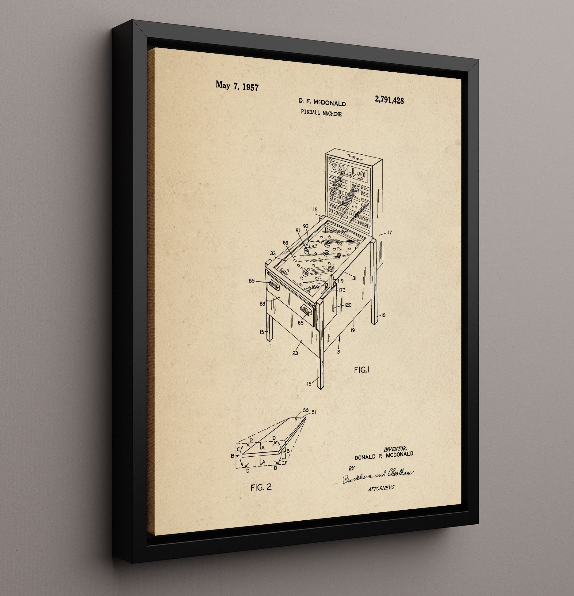 Patent Print - Pinball Machine - Donald F Mcdonald - 1957 - Patent 2791428 Patent Wall Art