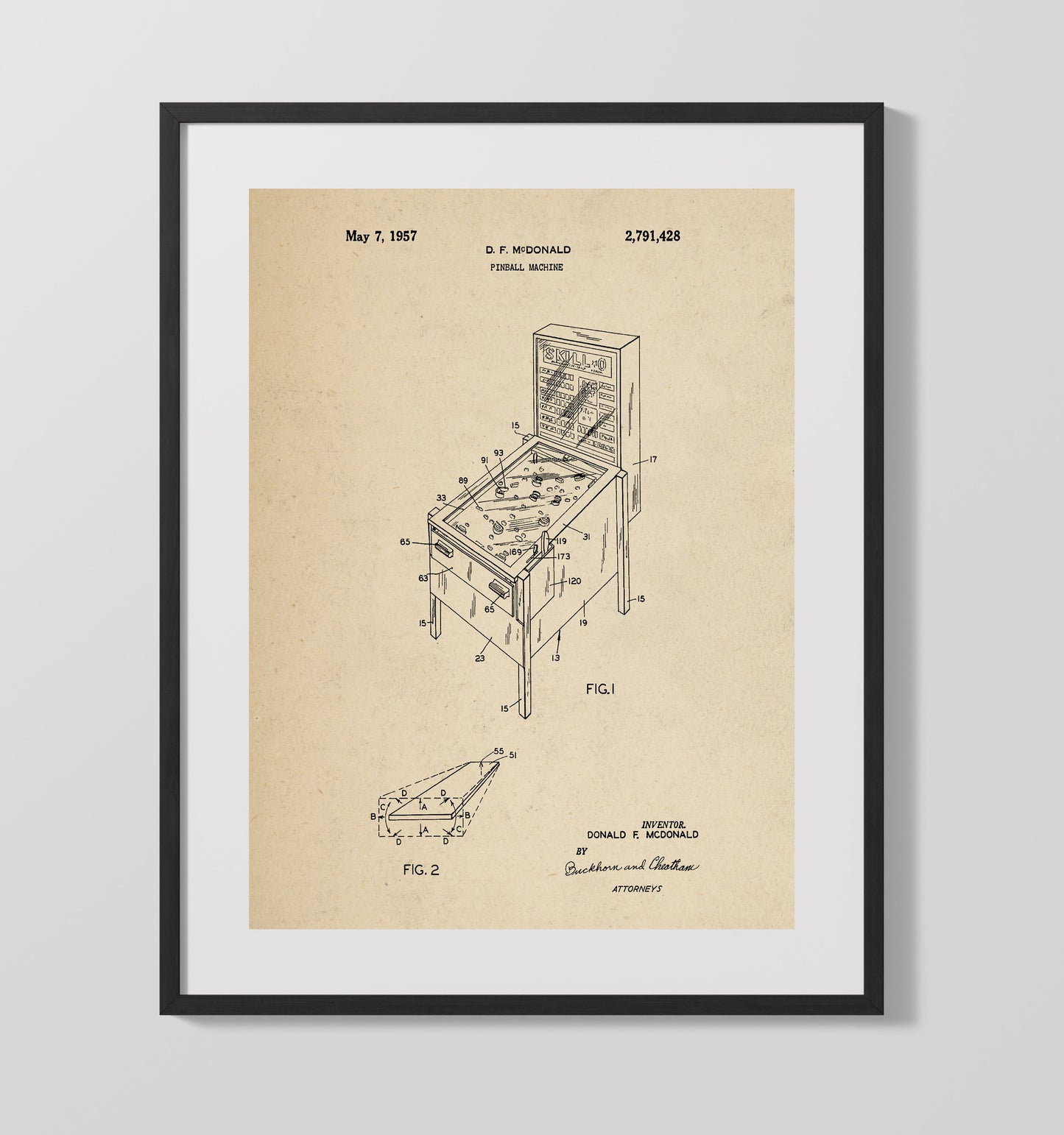 Patent Print - Pinball Machine - Donald F Mcdonald - 1957 - Patent 2791428 Patent Wall Art