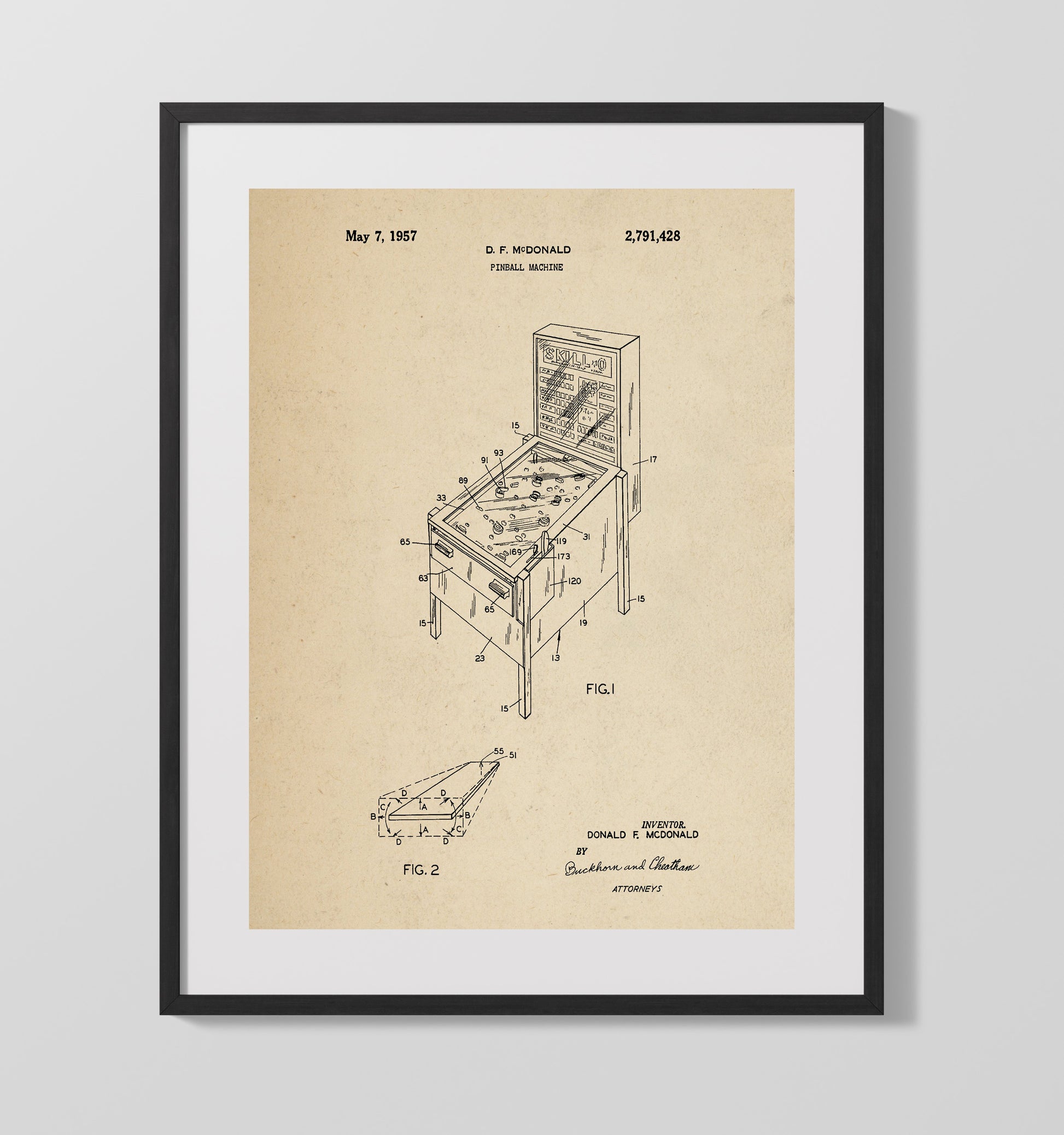 Patent Print - Pinball Machine - Donald F Mcdonald - 1957 - Patent 2791428 Patent Wall Art