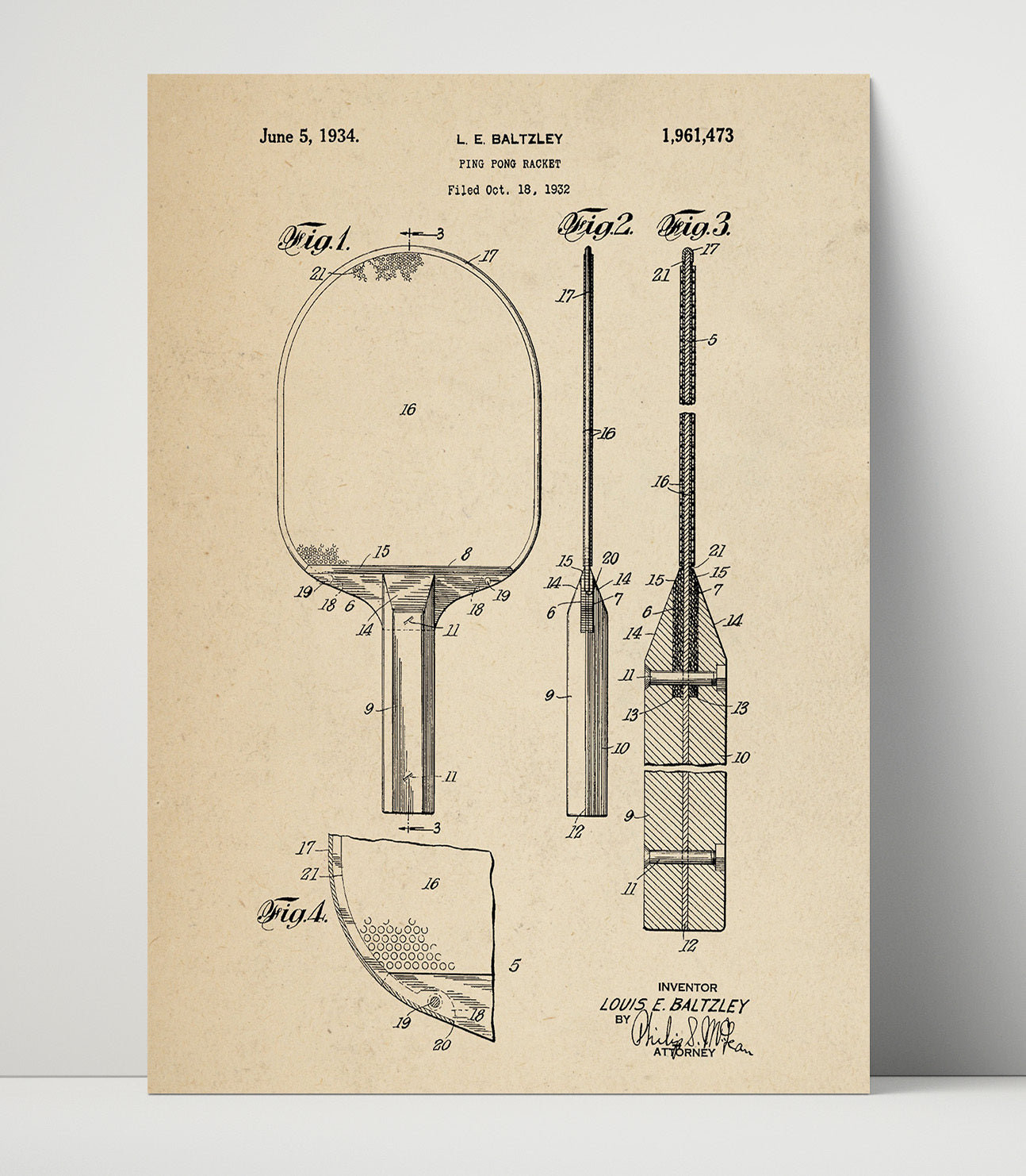 Patent Print - Ping Pong Racket - L E Baltzley - 1934 - Patent 1961473 Patent Wall Art