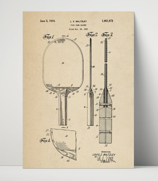 Ping Pong Racket - 1934 Patent - 16x20 Unframed Print