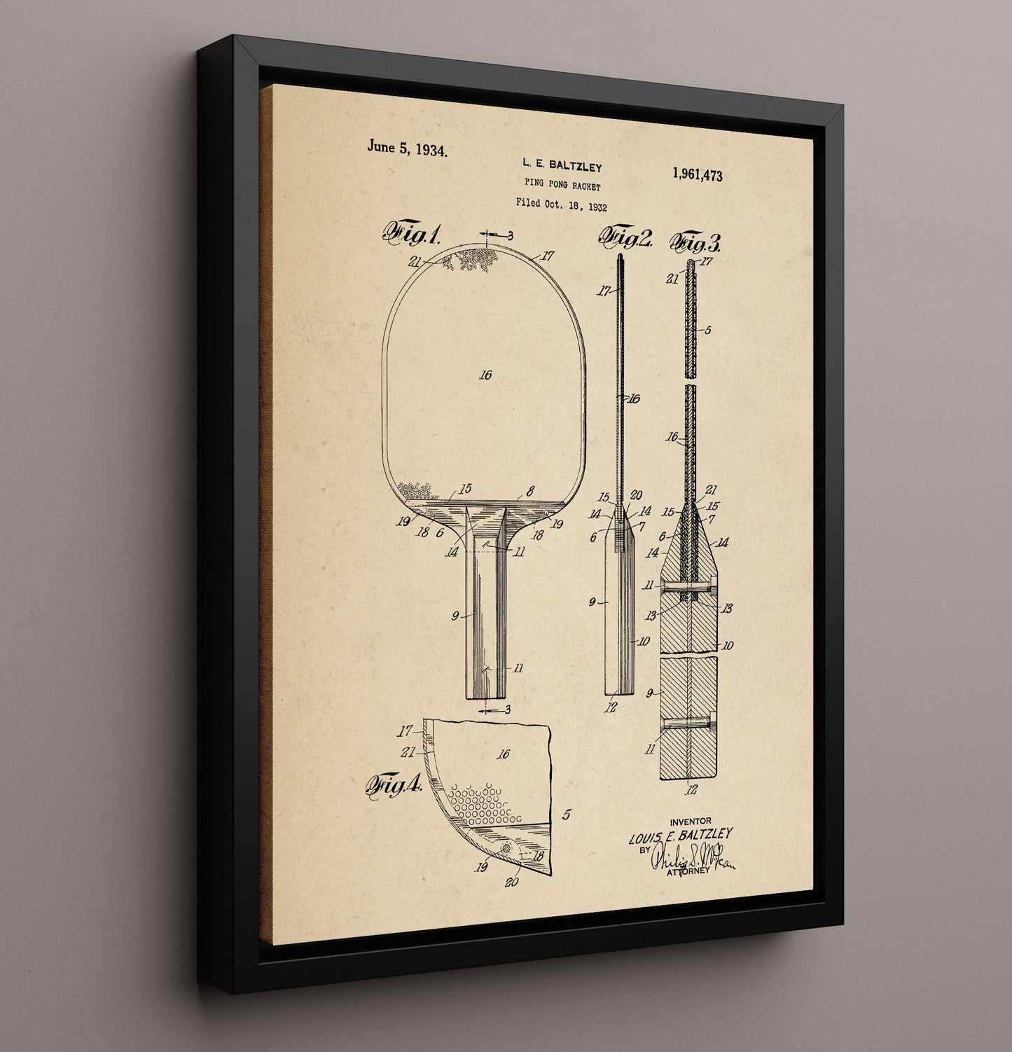 Patent Print - Ping Pong Racket - L E Baltzley - 1934 - Patent 1961473 Patent Wall Art