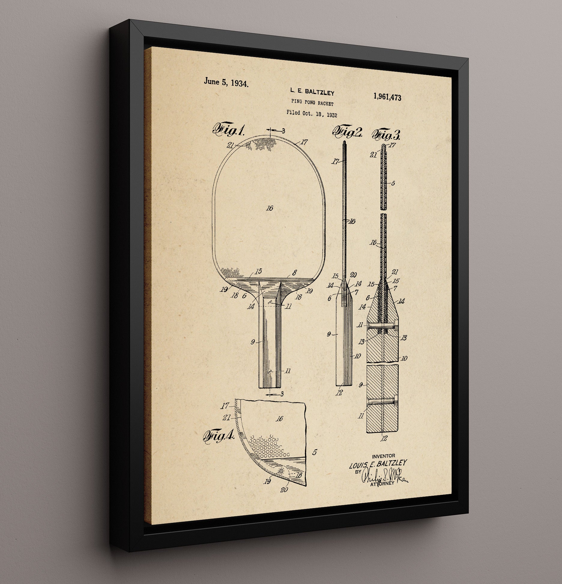 Patent Print - Ping Pong Racket - L E Baltzley - 1934 - Patent 1961473 Patent Wall Art