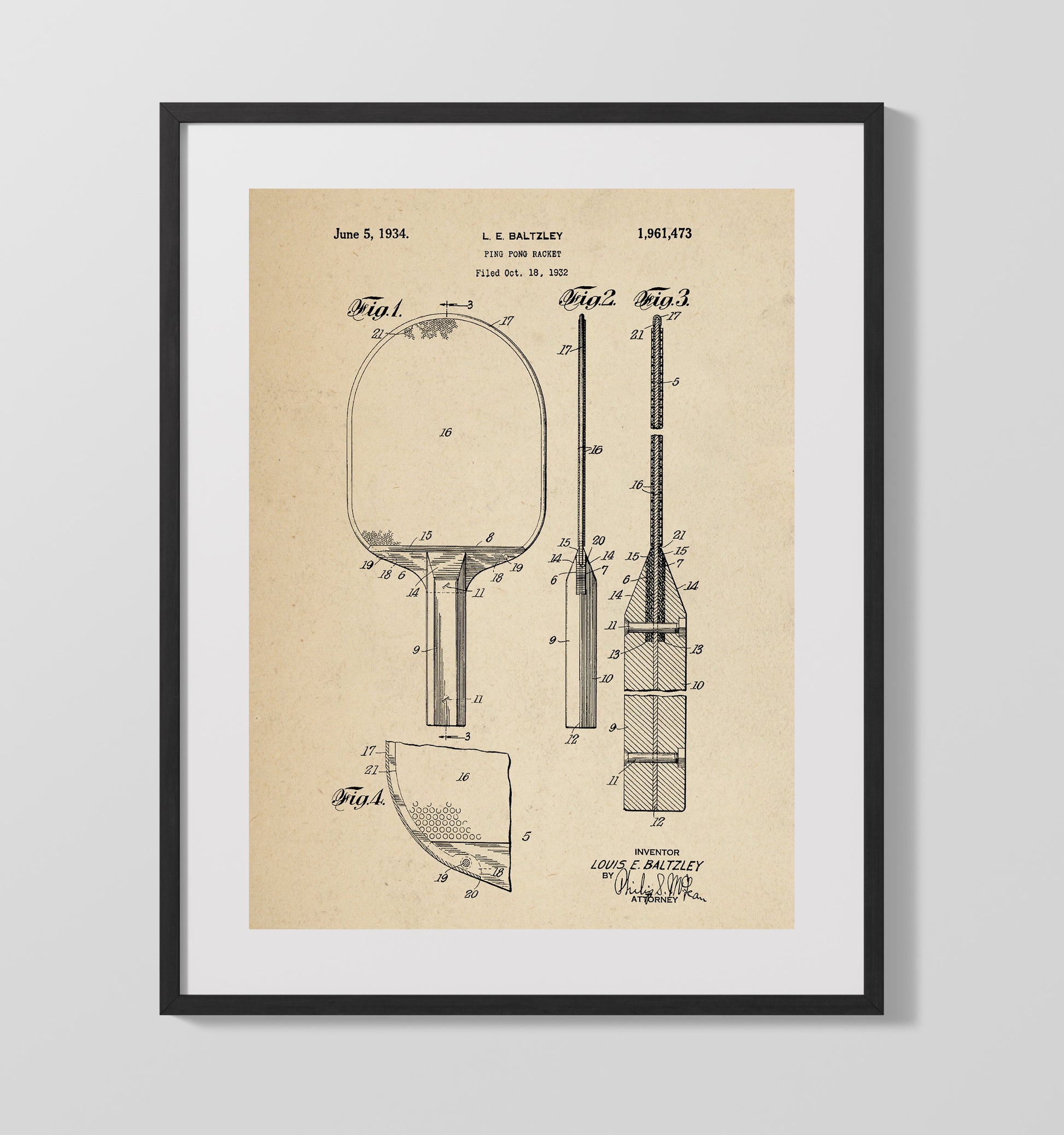 Patent Print - Ping Pong Racket - L E Baltzley - 1934 - Patent 1961473 Patent Wall Art
