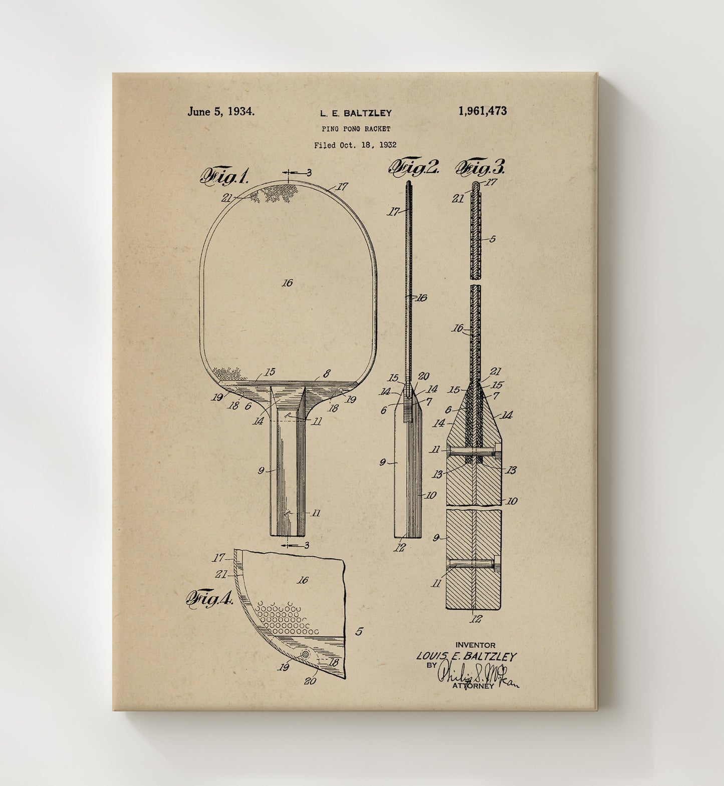 Patent Print - Ping Pong Racket - L E Baltzley - 1934 - Patent 1961473 Patent Wall Art