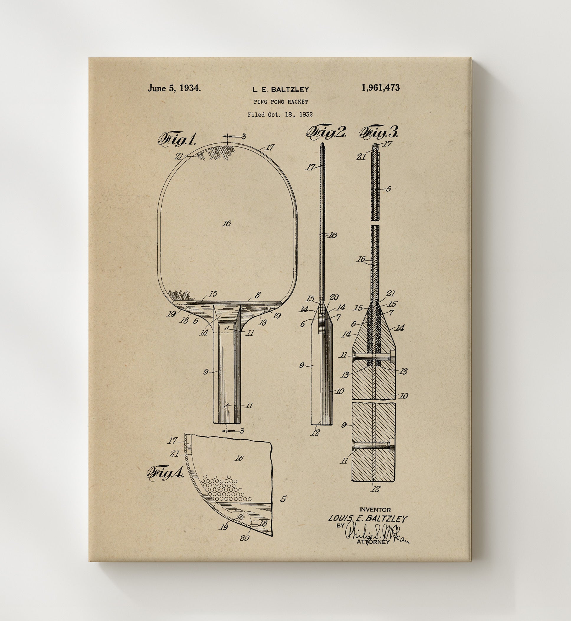 Patent Print - Ping Pong Racket - L E Baltzley - 1934 - Patent 1961473 Patent Wall Art