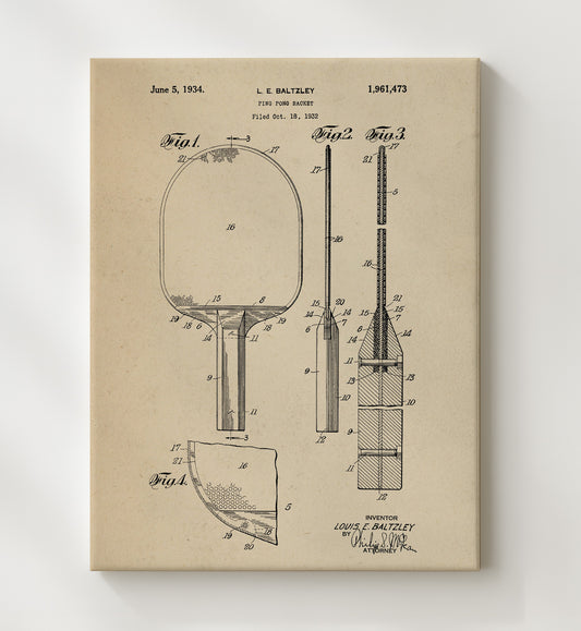 Ping Pong Racket 1934 patent print wall art 8x10 Canvas