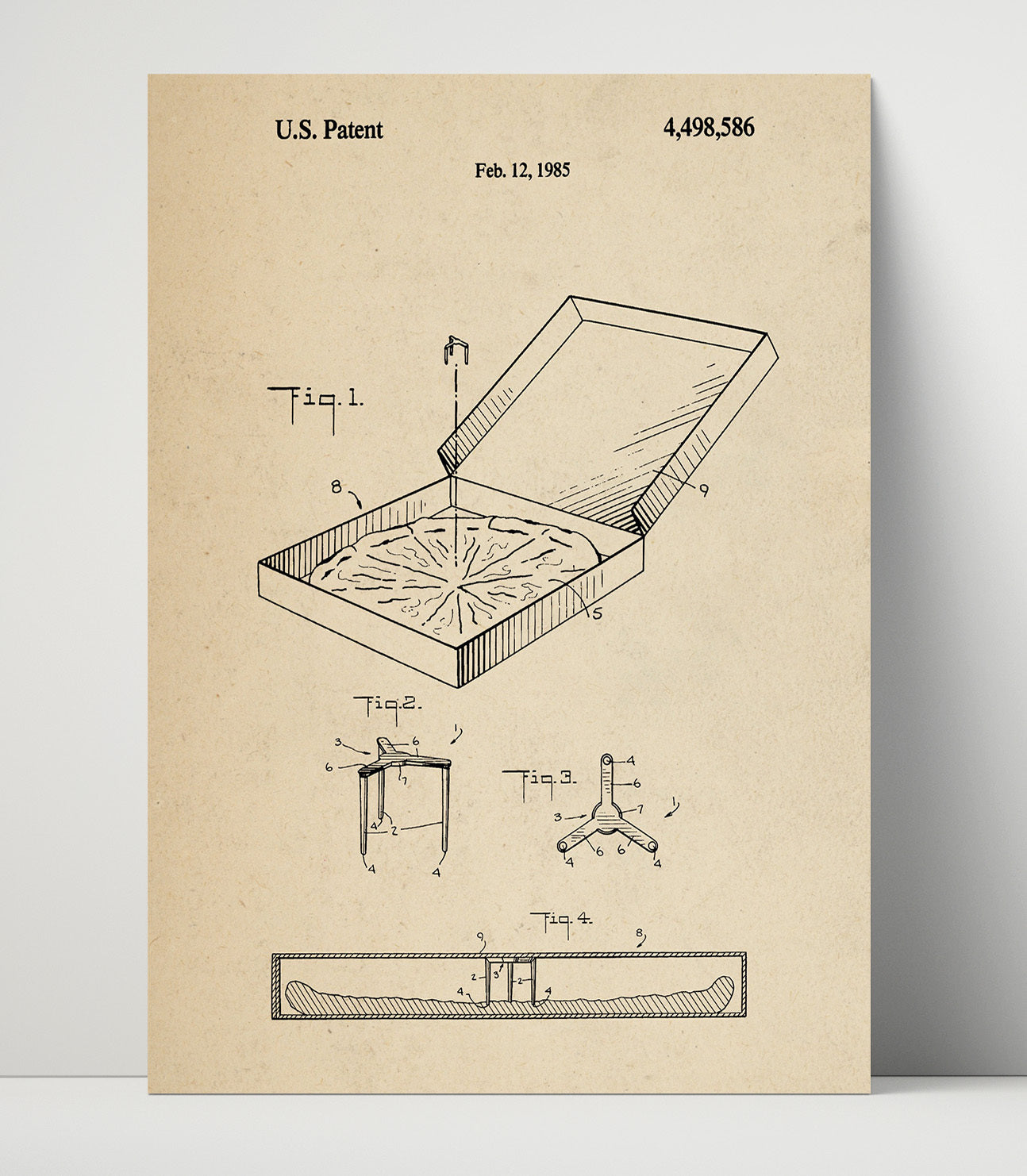 Patent Print - Pizza Saver - Unknown Inventor - 1985 - Patent 4498586 Patent Wall Art