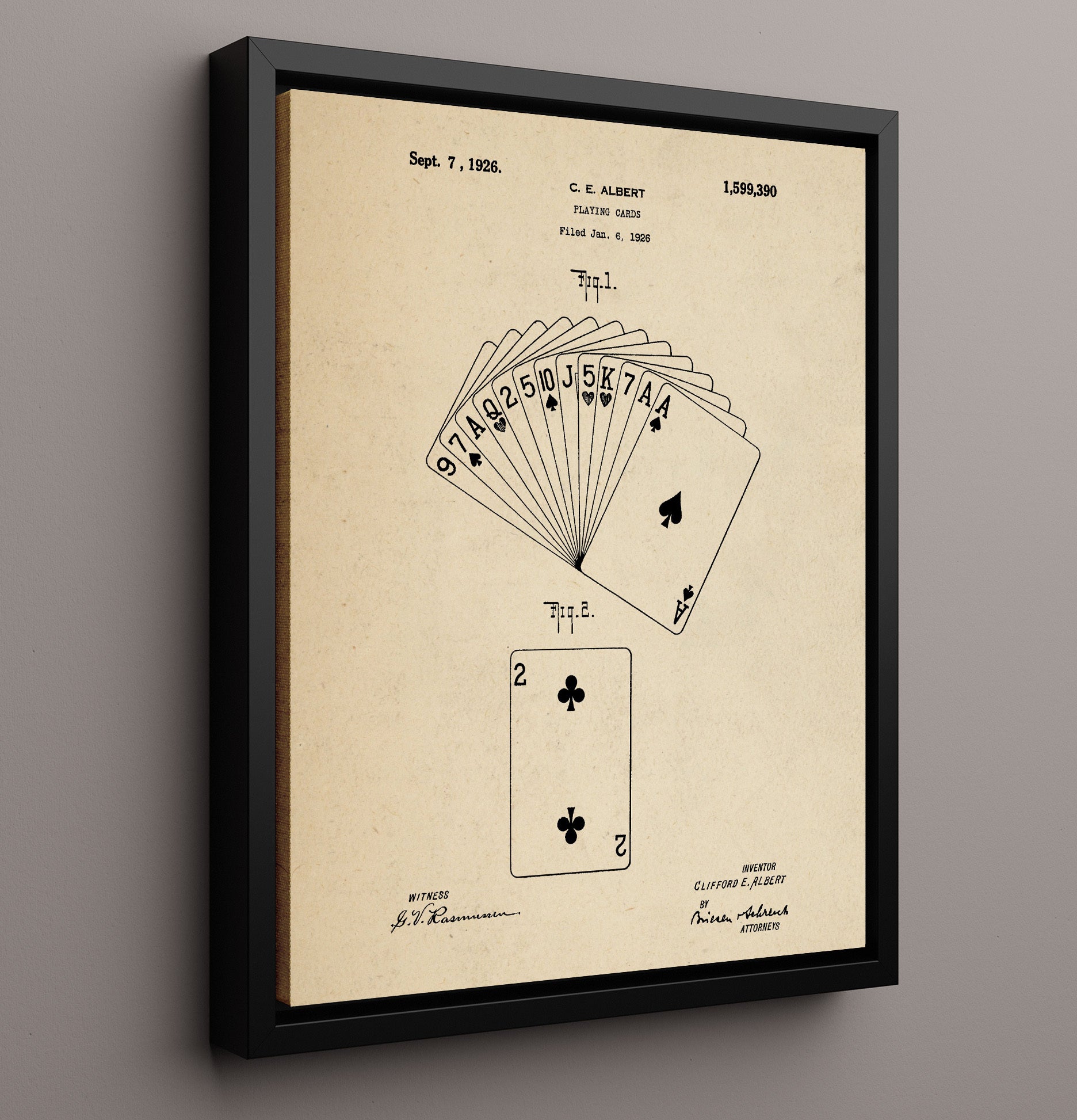 Patent Print - Playing Cards - Clifford E Albert - 1926 - Patent 1599390 Patent Wall Art