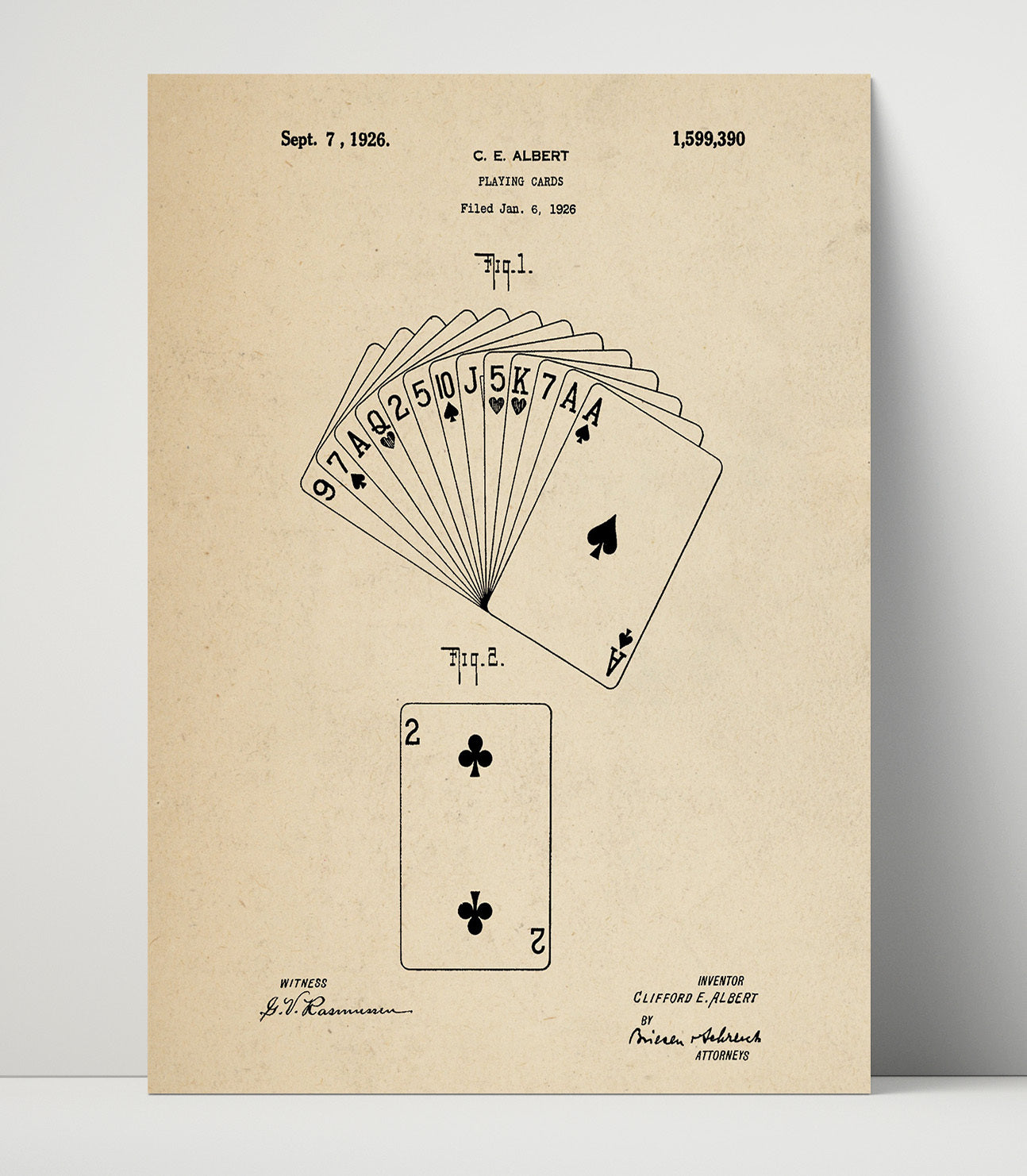 Patent Print - Playing Cards - Clifford E Albert - 1926 - Patent 1599390 Patent Wall Art