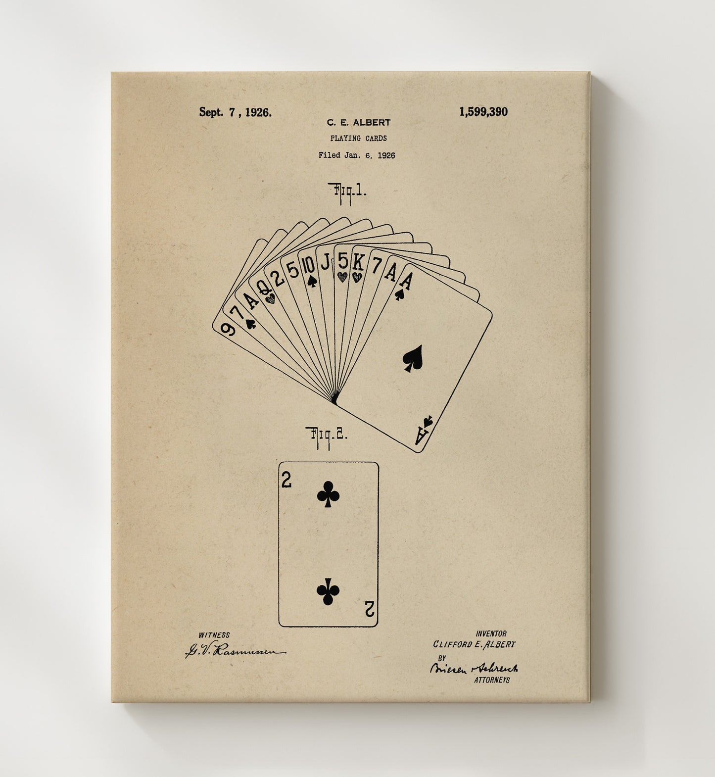 Patent Print - Playing Cards - Clifford E Albert - 1926 - Patent 1599390 Patent Wall Art