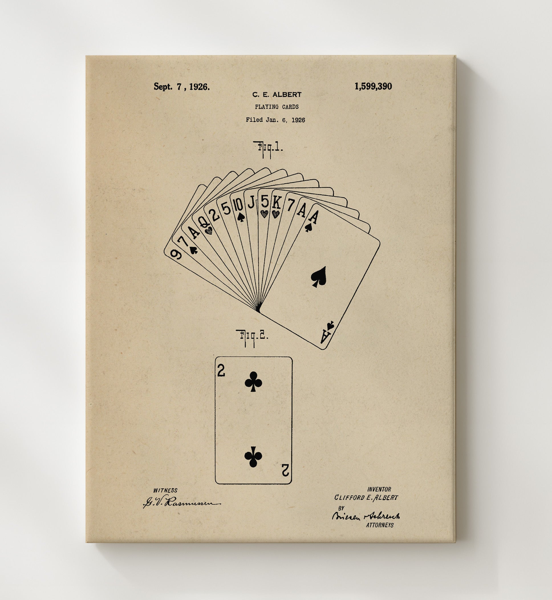 Patent Print - Playing Cards - Clifford E Albert - 1926 - Patent 1599390 Patent Wall Art