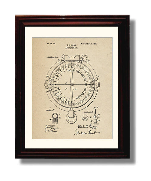 Patent Print - Pocket Compass - Charles C Rueger - 1902 - Patent 709046 Patent Wall Art