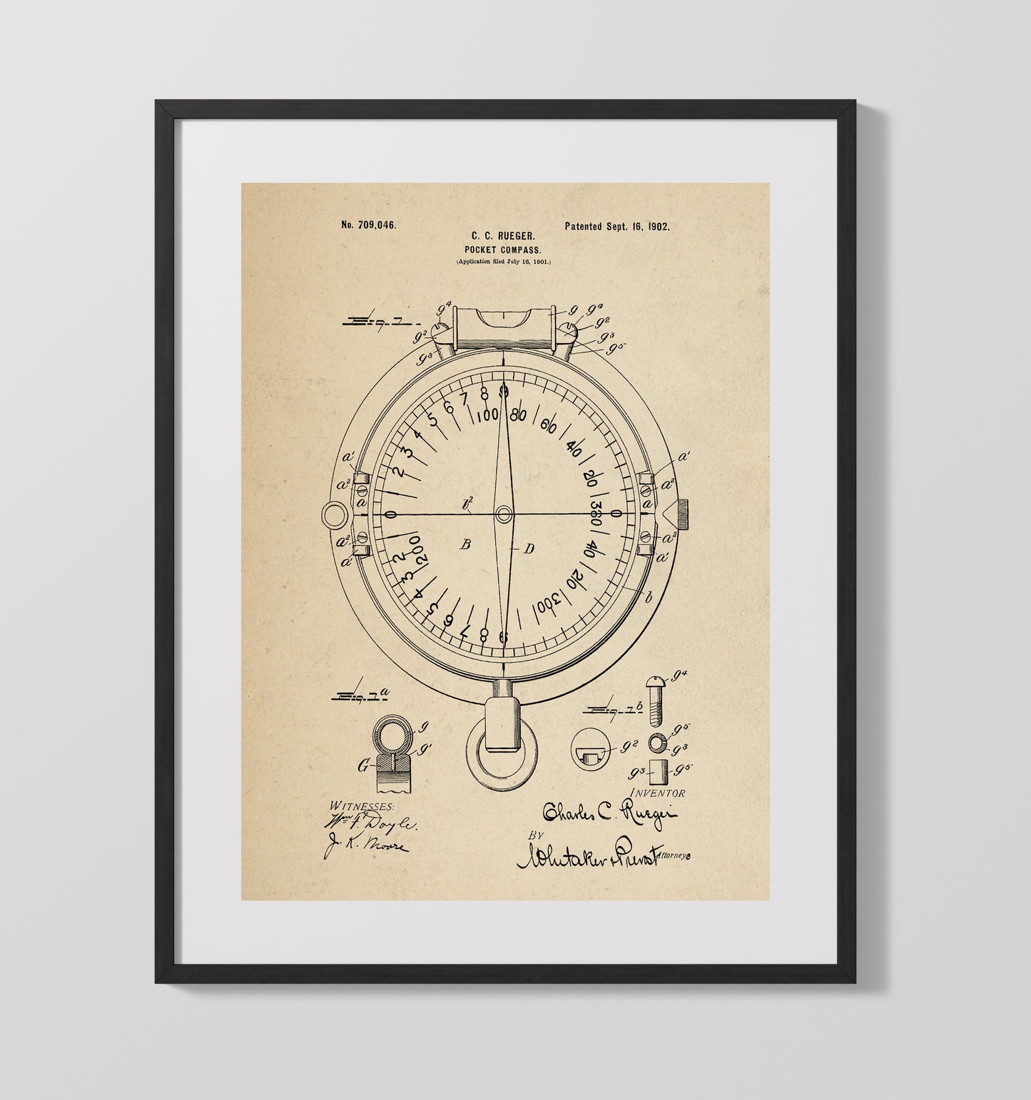 Patent Print - Pocket Compass - Charles C Rueger - 1902 - Patent 709046 Patent Wall Art