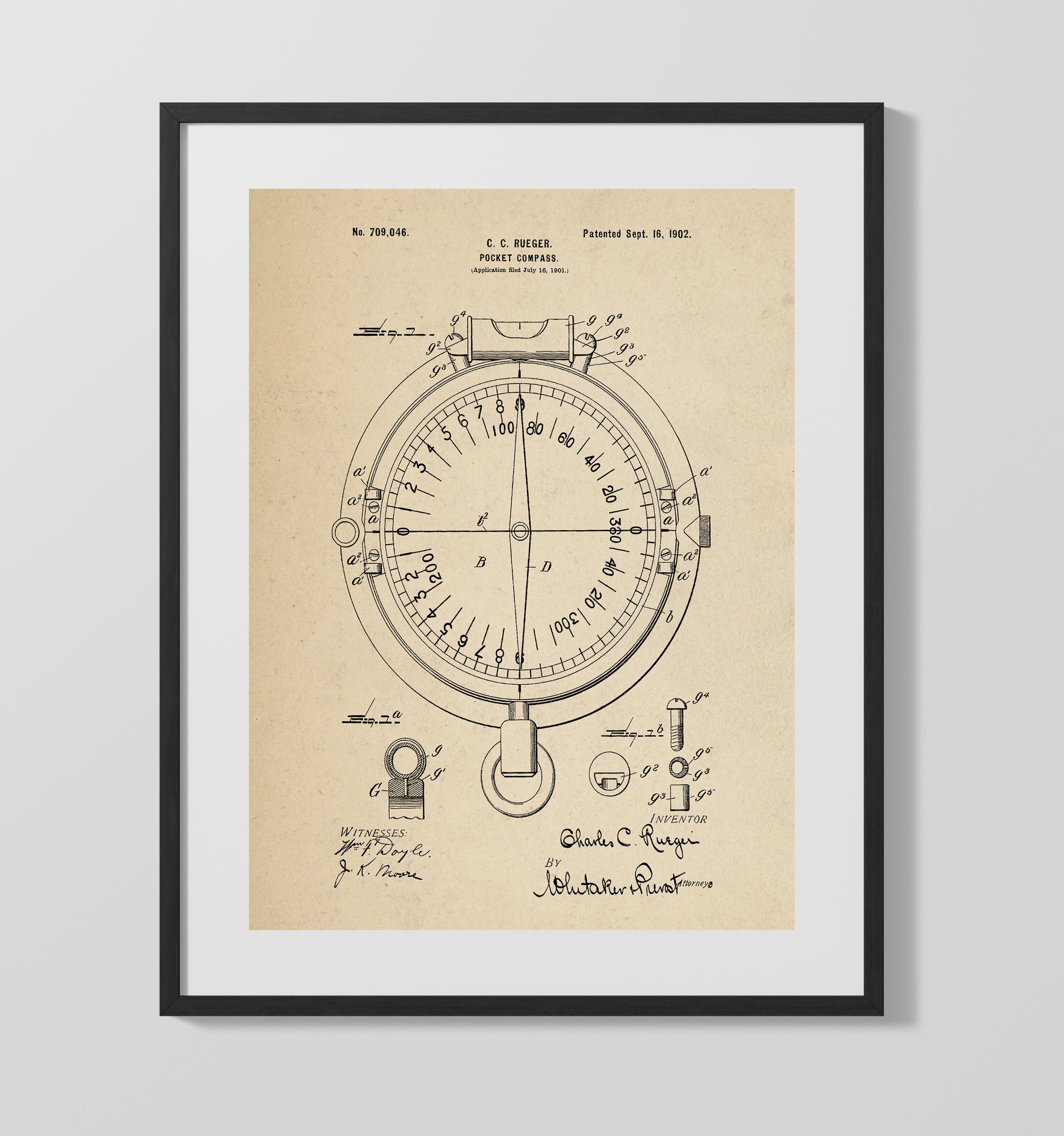Patent Print - Pocket Compass - Charles C Rueger - 1902 - Patent 709046 Patent Wall Art