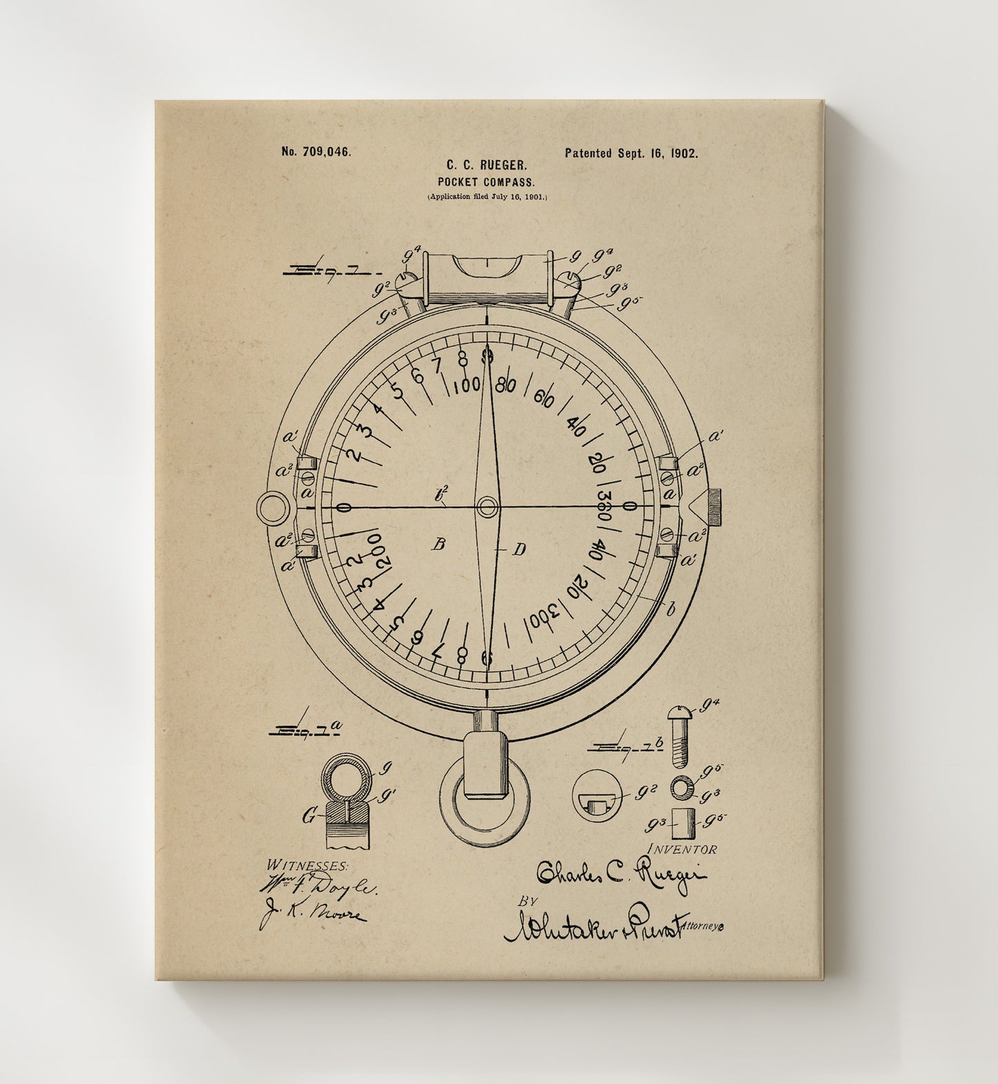 Patent Print - Pocket Compass - Charles C Rueger - 1902 - Patent 709046 Patent Wall Art