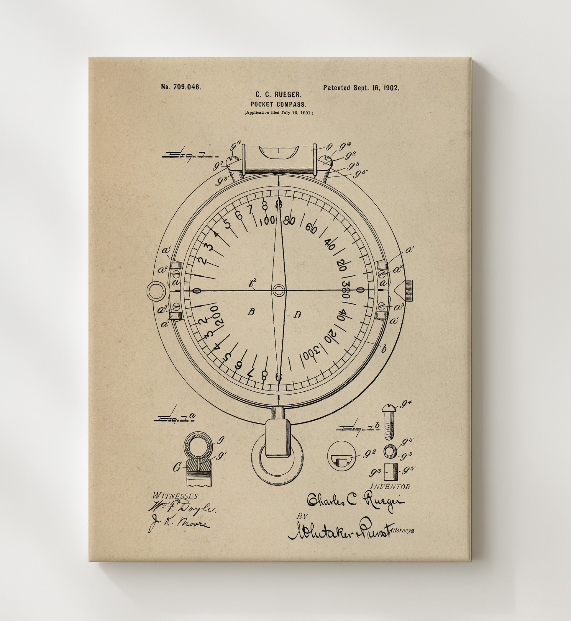 Patent Print - Pocket Compass - Charles C Rueger - 1902 - Patent 709046 Patent Wall Art